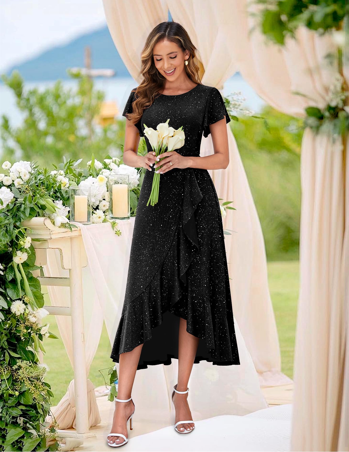 BeryLove Women's Sequin Formal Party Dress with Flutter Short Sleeves - Elegant Wedding, Cocktail & Evening Gown for Special Occasions | Perfect for Prom, Bridesmaid, and Black Tie Events