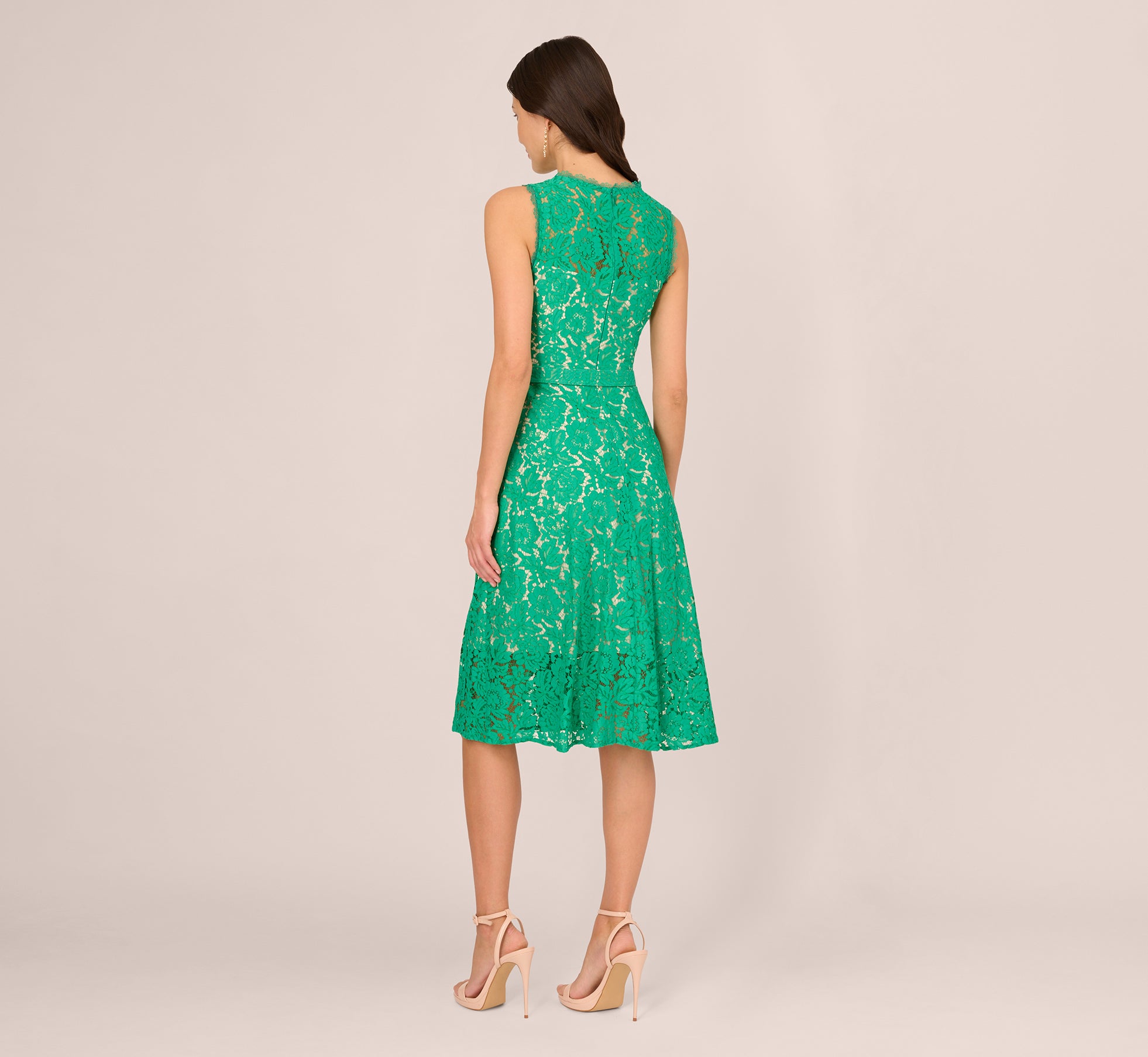 Botanic Green Sleeveless Lace Fit & Flare Dress with Sheer Details - Perfect for Summer Weddings, Garden Parties & Date Nights