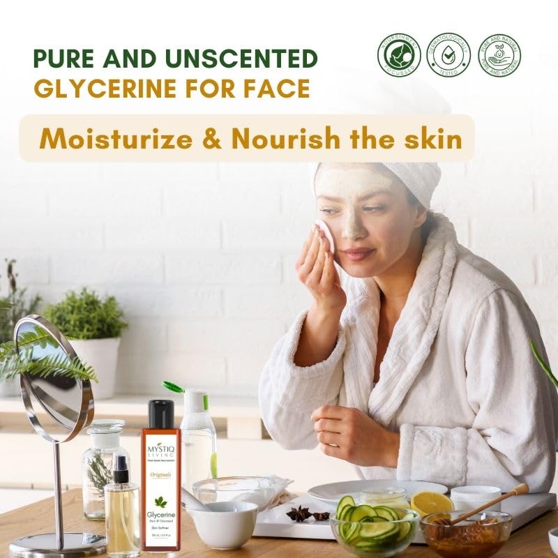 Pure & Unscented Plant-Based Glycerin for Face & Body Care - Mystiq Living 100ml | Hydrating Skin Moisturizer for Dry Skin, DIY Beauty Recipes & Sensitive Skin Care