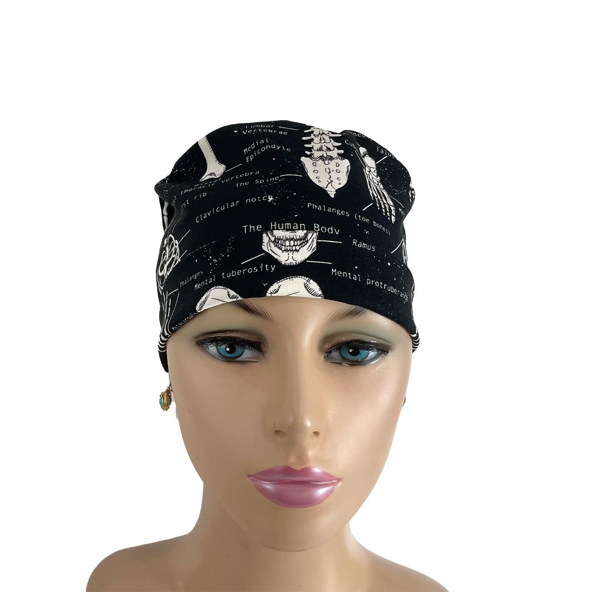 Turn Up Ponytail Medical Scrub Cap - Human Anatomy Bones Print - Doctor & Nurse Hats for Women in Black | Comfortable Surgical Cap for Healthcare Professionals