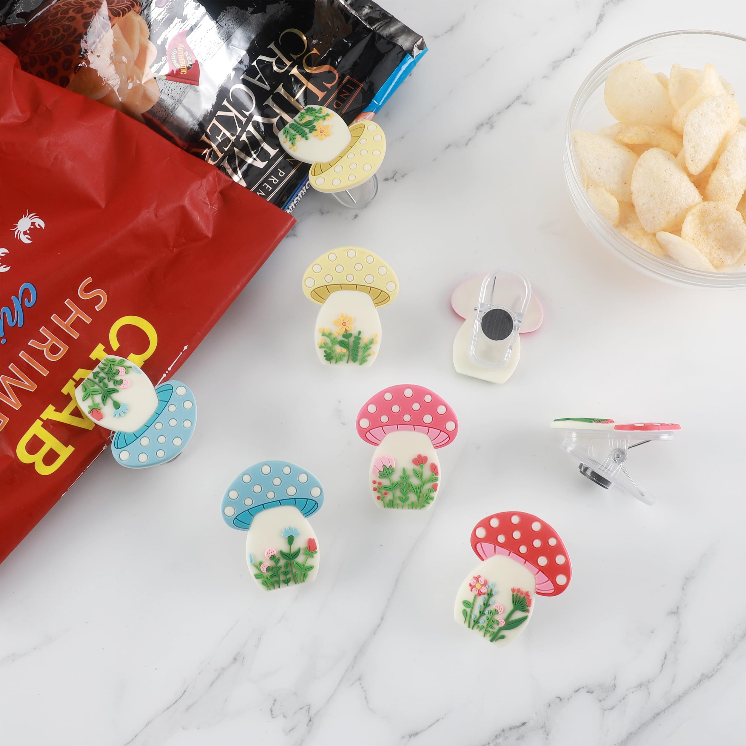 Cute Magnetic Bag Clips for Snacks & Food Storage - 8 Pack Floral Mushroom Design Airtight Sealing Kitchen Clips | Perfect for Chips, Cereal, Frozen Food & Pantry Organization