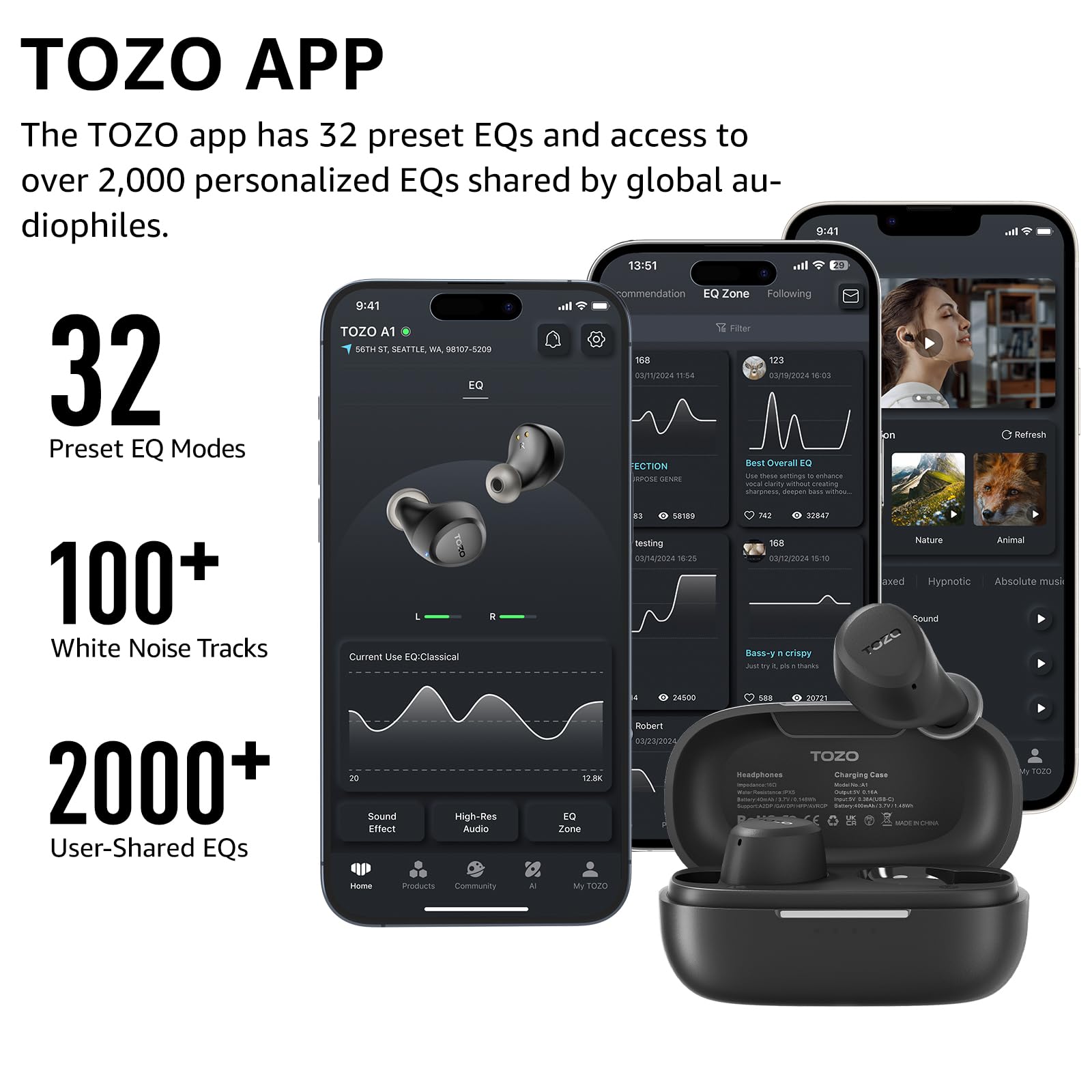 TOZO A1 Wireless Earbuds Bluetooth 5.3 - Lightweight IPX5 Waterproof Headphones with 2 Mics for AI Calls, Immersive Bass Sound & 32 EQ Presets via App - Perfect for Gym, Running, Travel & Work Calls