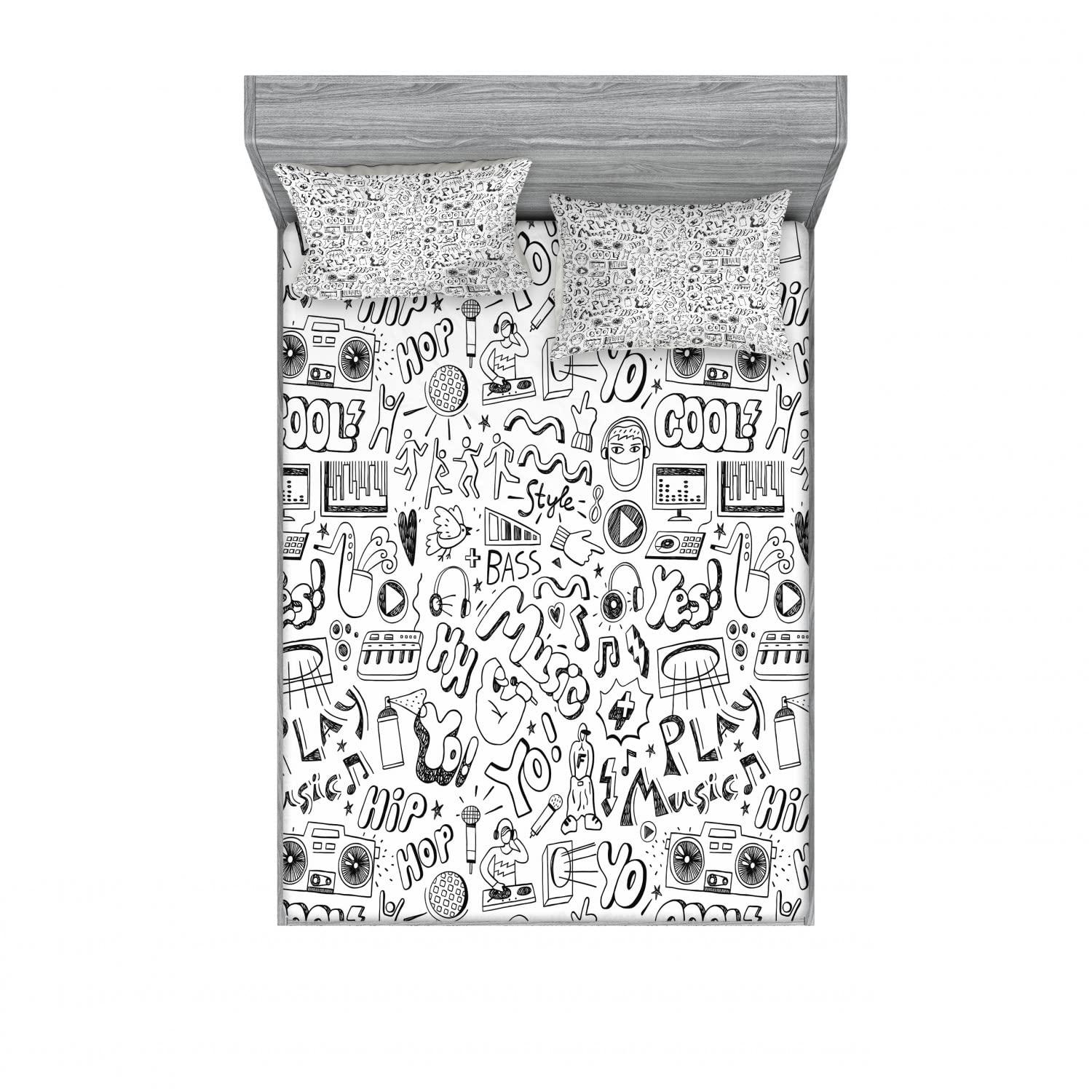 Lunarable Rap Music 2-Pack Queen Size Fitted Sheet Set with 4 Pillow Shams - Black and White Sketch Style Bedding Decor for Hip Hop Fans | Perfect for Teen Bedrooms, Music Themed Dorms & Urban Style Home Decor