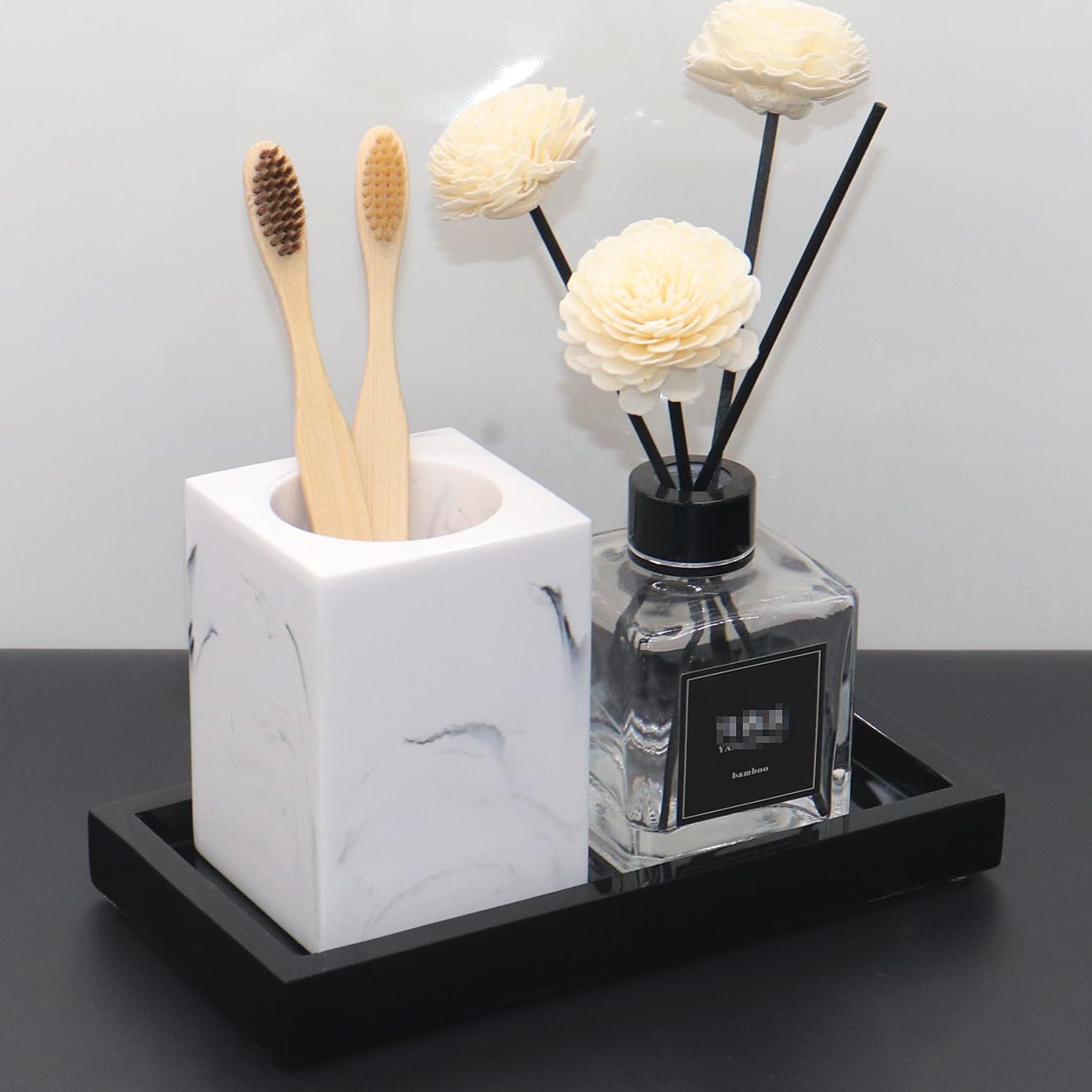 Black Marble Bathroom Vanity Tray - Elegant Resin Countertop Organizer for Toilet Tank | Perfect for Makeup, Jewelry & Bath Essentials Storage in Modern Bathrooms