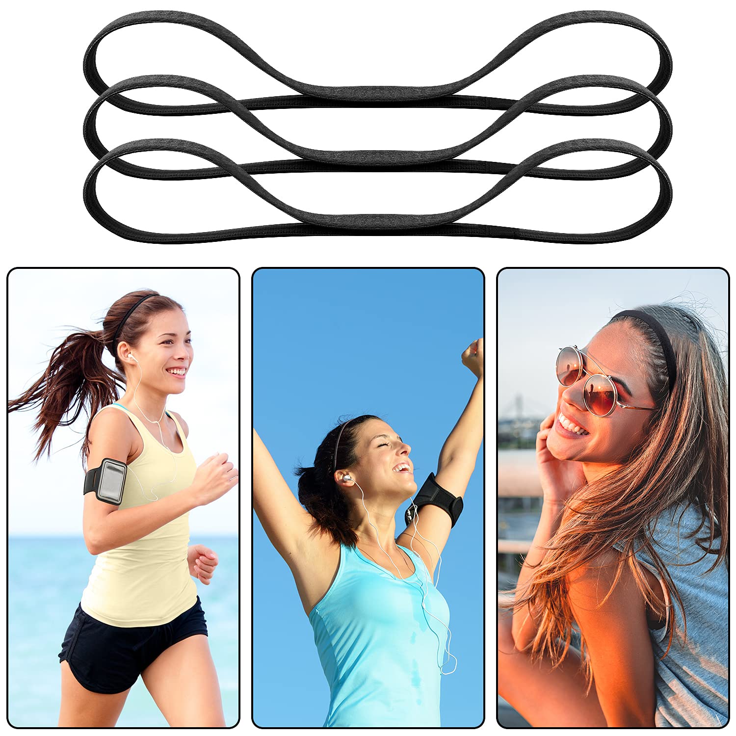 Duufin 20 Pack Non-Slip Elastic Sports Headbands - Sweat Absorbent Workout Headbands for Women, Men & Girls - Thin Hair Bands for Running, Yoga, Gym & Tennis (Black)