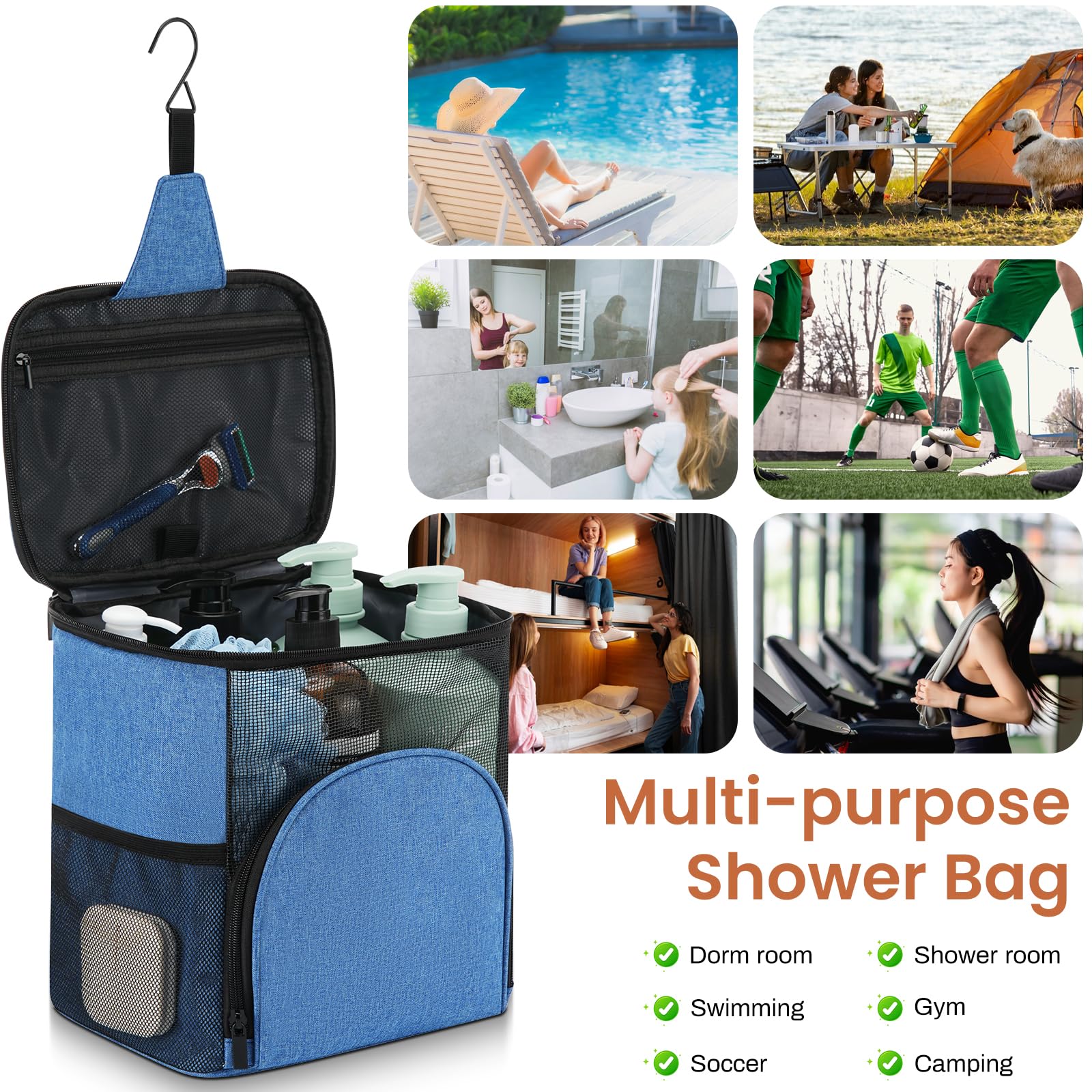 Portable Shower Caddy Tote - Quick Dry Mesh Shower Bag for College Dorm, Summer Camp & Travel - Waterproof Organizer for Toiletries, Cosmetics & Bath Essentials - Perfect for Students, Women & Men (Blue) - Ideal for RV Trips, Gym Showers & Beach Vacations