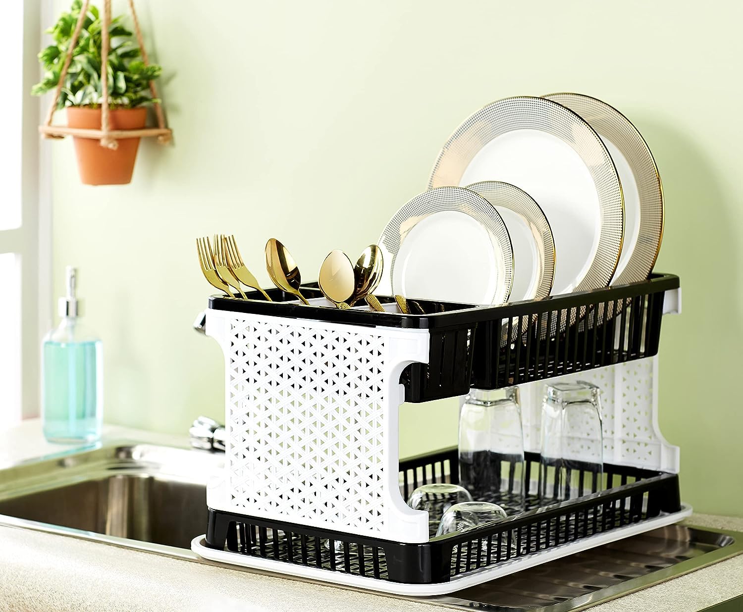 SHAYONA HOMES SURKHAMART Plastic Kitchen Organizer Rack with Water Drip Tray - Dish Drying Rack, Plate Stand & Utensil Holder for Countertop Storage (Brown, Pack of 1) | Perfect for Small Kitchens, Apartments & Dorm Rooms