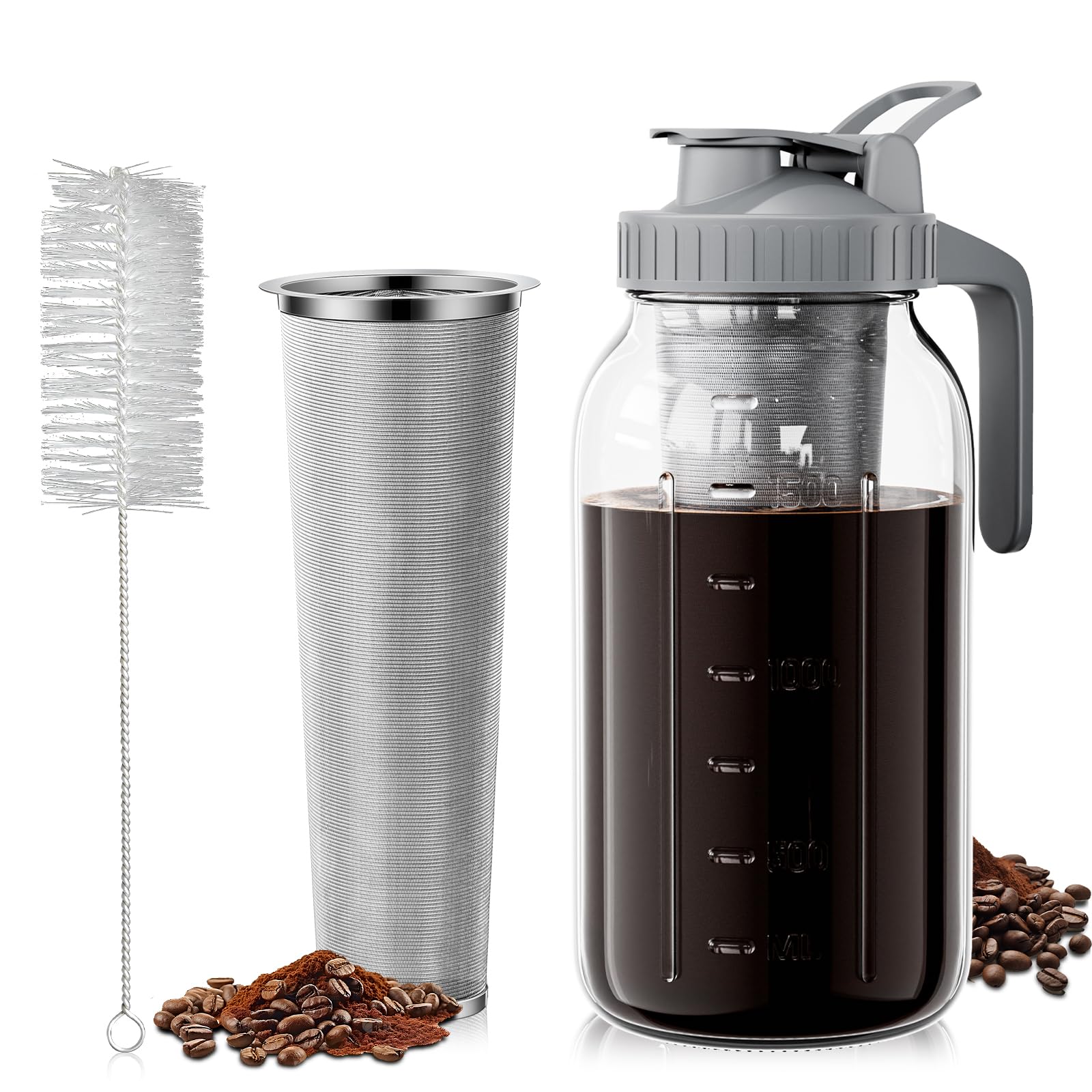 Premium 64oz Cold Brew Coffee Maker with 304 Stainless Steel Filter - Iced Coffee Pitcher with Lid & Spout - Large Mason Jar Design (Grey) - Perfect for Home, Office & Outdoor Use