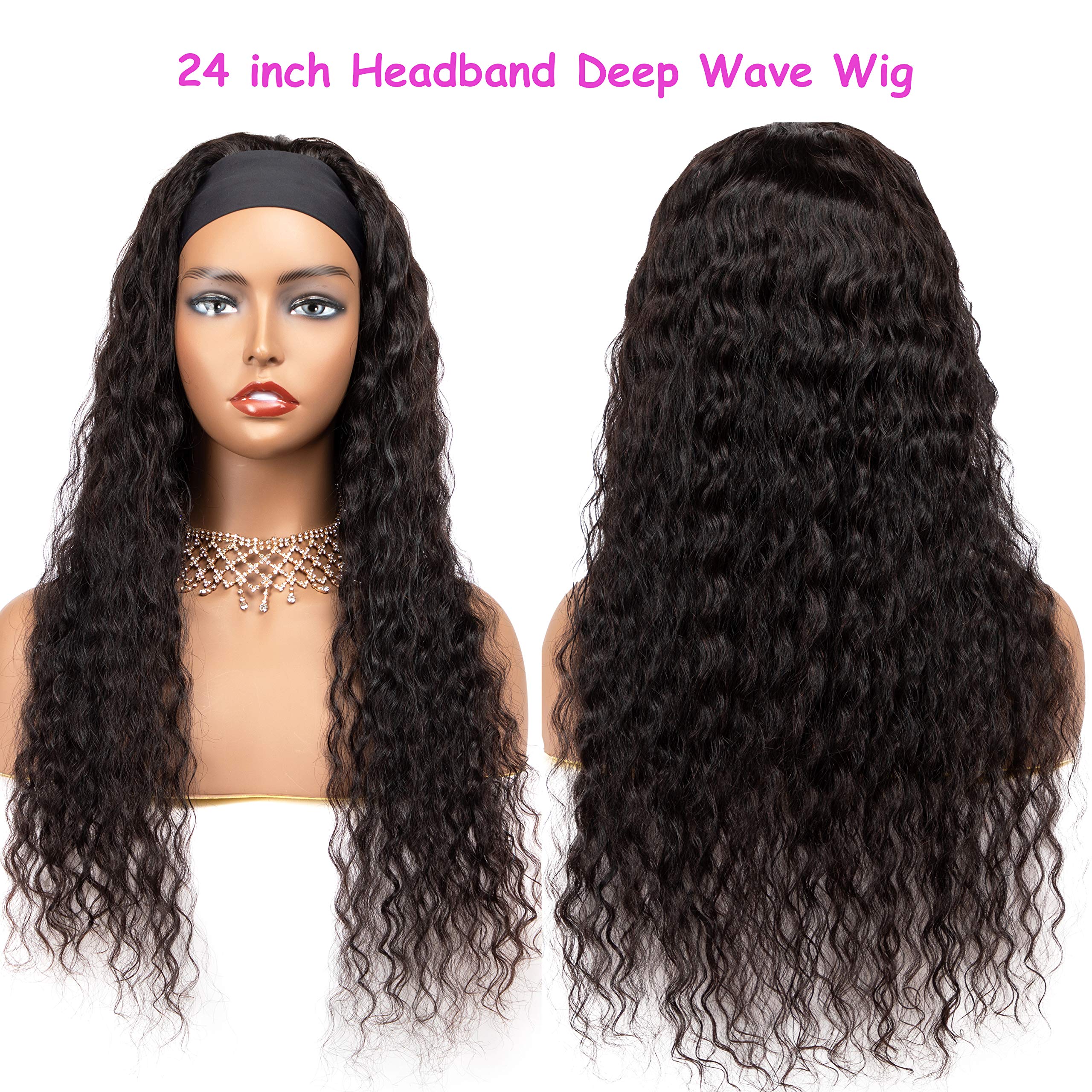 24 Inch Deep Wave Curly Headband Wig - 100% Virgin Human Hair Glueless Lace Front Wigs for Black Women | No Glue Needed, Comfortable & Natural Look | Perfect for Daily Wear, Parties & Special Occasions