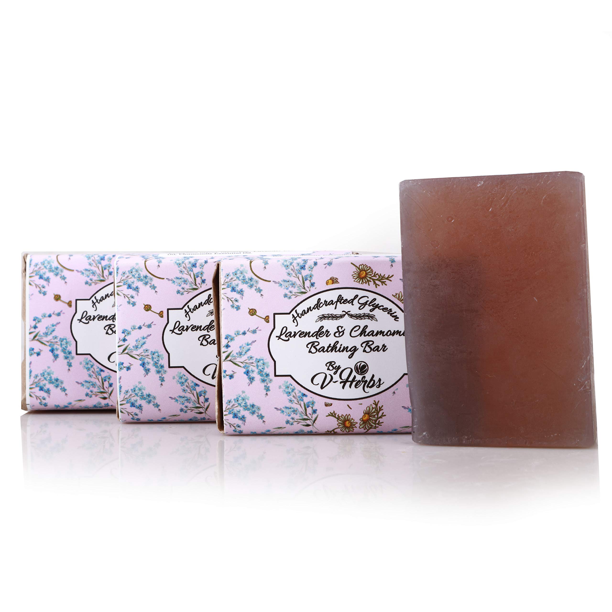 Organic Handmade Lavender Chamomile Glycerin Soap - 4 Pack (100g Each) with Coconut Oil & Castor Oil | Moisturizing, Relaxing Ayurvedic Soap for Stress Relief & Skincare | Perfect for Bath, Spa & Gift Giving
