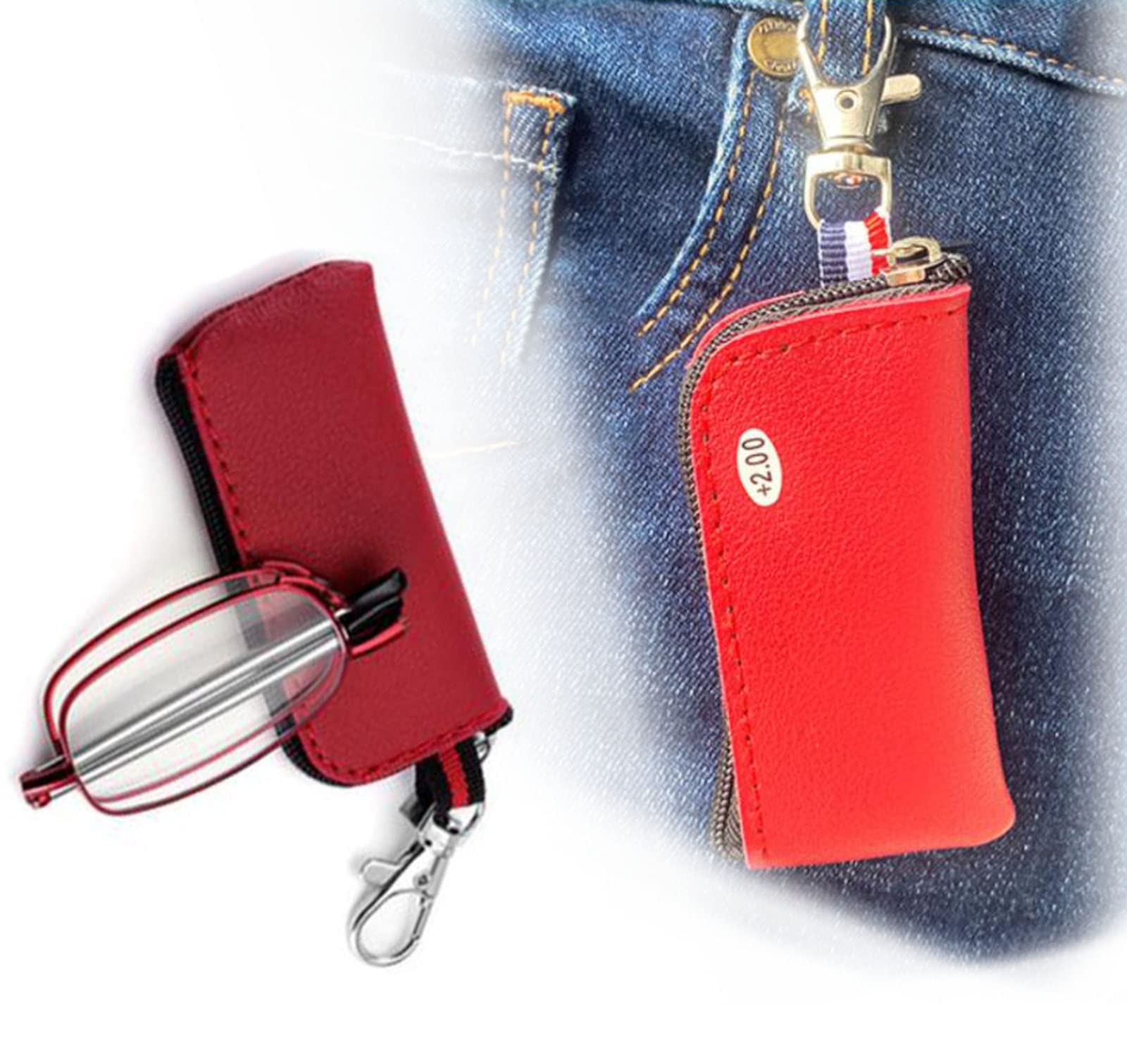 Anti Blue Light Reading Glasses - Mini Compact Folding Design with Telescopic Temple & Spring Hinge - 3.5+ Magnification - Keychain Leather Case Included (Red) - Perfect for Computer Work, Reading & Travel