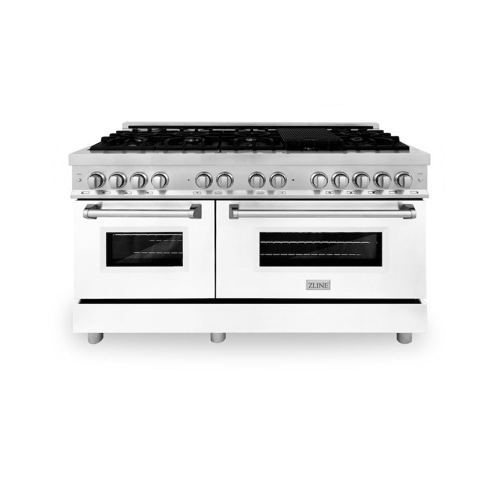ZLINE 60 Inch 7.4 Cu. Ft. Legacy Dual Fuel Range - 9 Burner Gas Cooktop & 2 Electric Convection Ovens - Stainless Steel with White Matte Doors (RA WM 60) - Perfect for Professional Home Kitchens & Gourmet Cooking