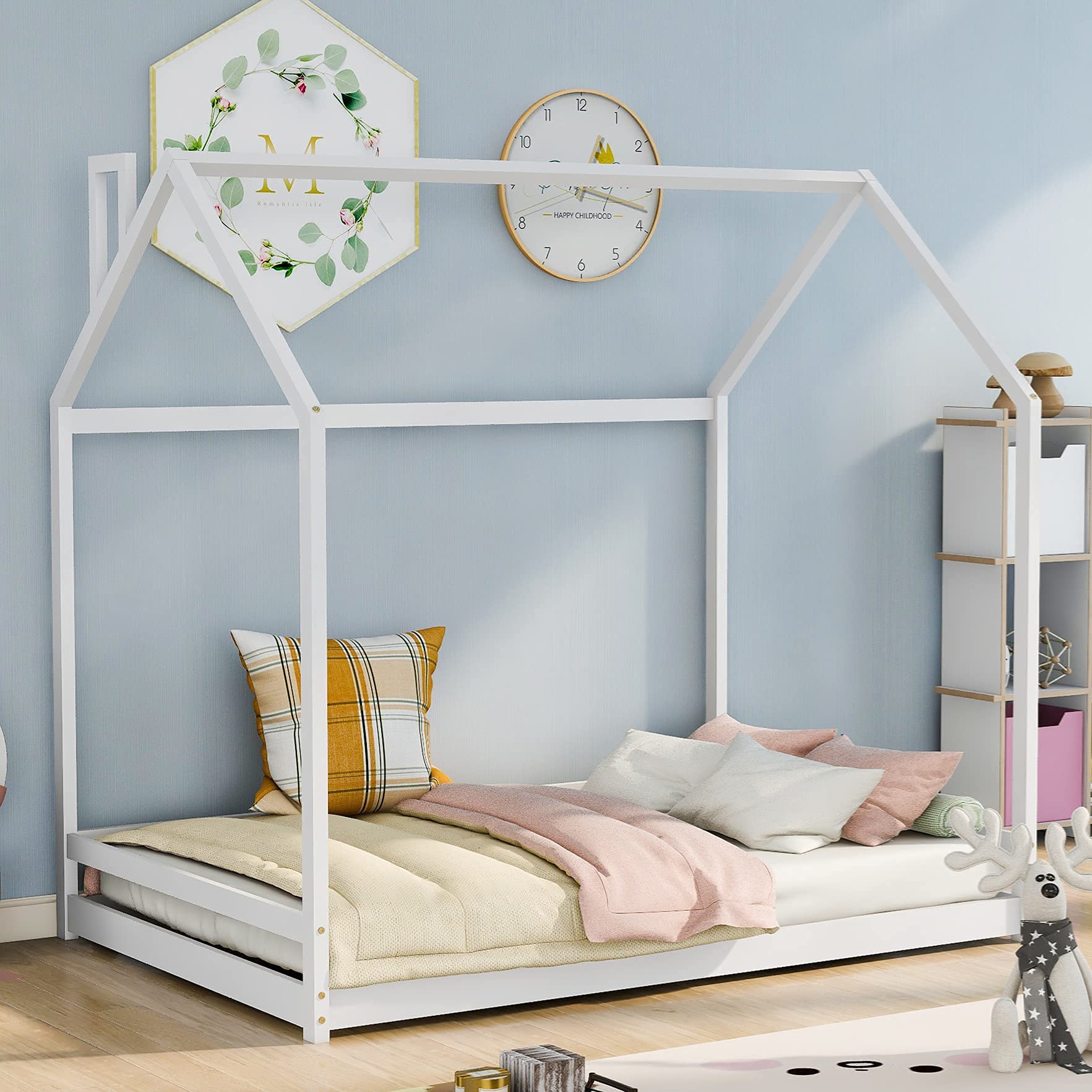Harper & Bright Designs Full Size House Bed for Kids - Wooden Toddler House Bed Frame with Roof for Girls & Boys Bedroom Furniture (White) - Perfect for Playful Bedrooms & Cozy Sleep Spaces, Box Spring Required