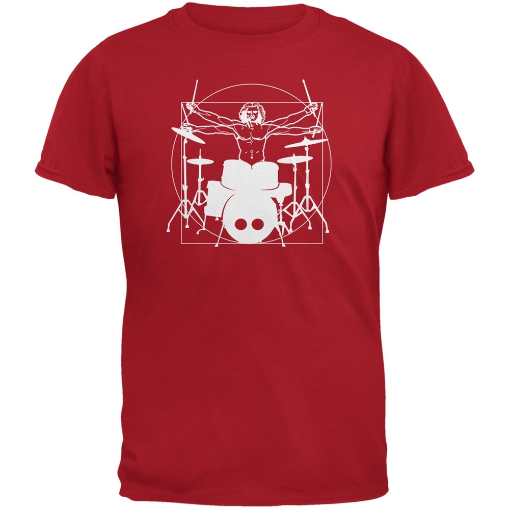 Vitruvian Man Drummer Red Adult T-Shirt | Leonardo da Vinci Inspired Music Lover Tee | Perfect for Concerts, Band Practice & Art Enthusiasts