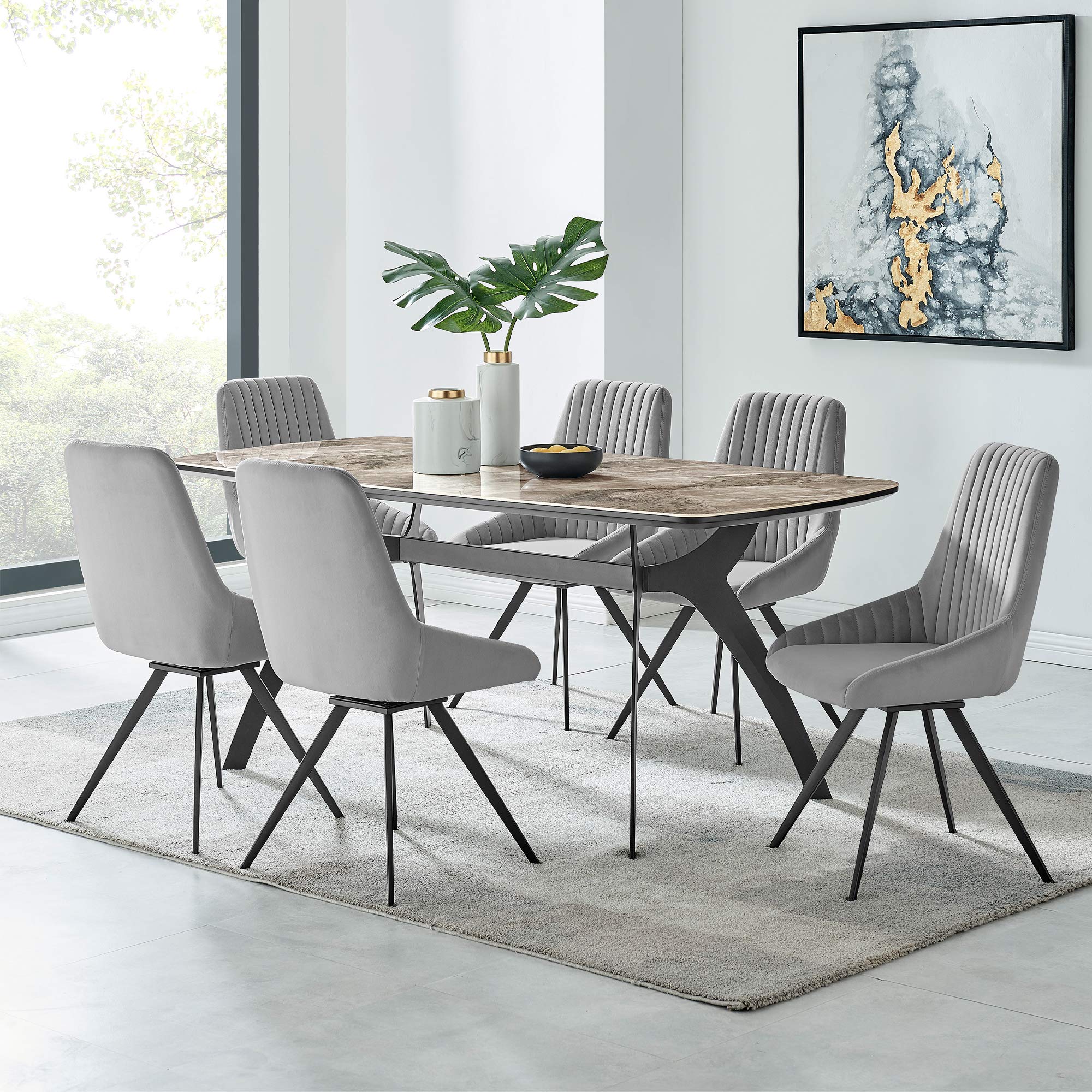 Armen Living Alison Swivel Gray Velvet and Metal Dining Room Chairs - Set of 2, 34