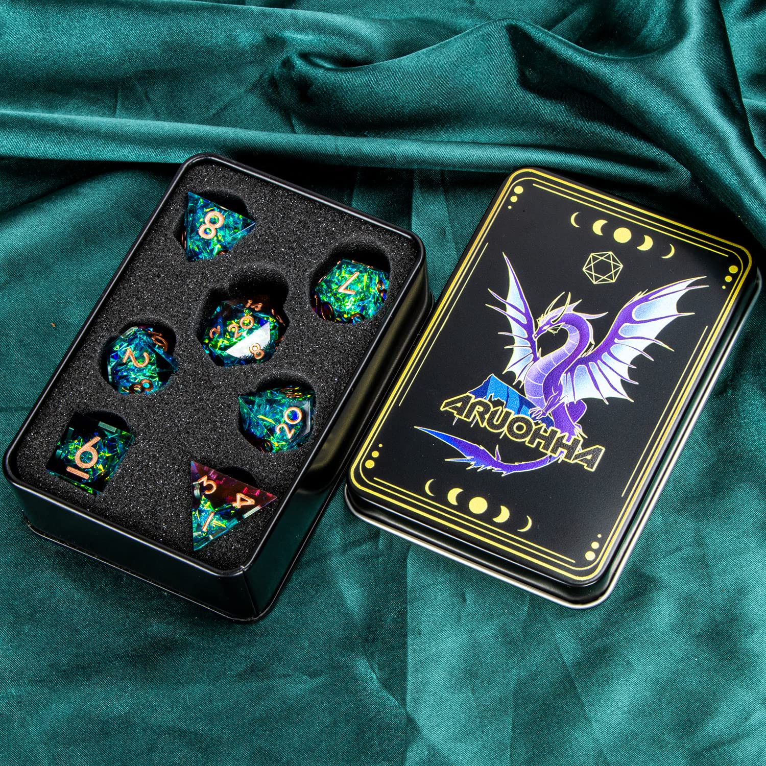 ARUOHHA Sharp Edges DND Dice Set - Translucent Polyhedral Resin D&D Dice with Lightning Effects (D20, D12, D10, D8, D6, D4) - Handmade Dungeons & Dragons RPG Accessories for Tabletop Gaming, Role Playing Games & Collectors