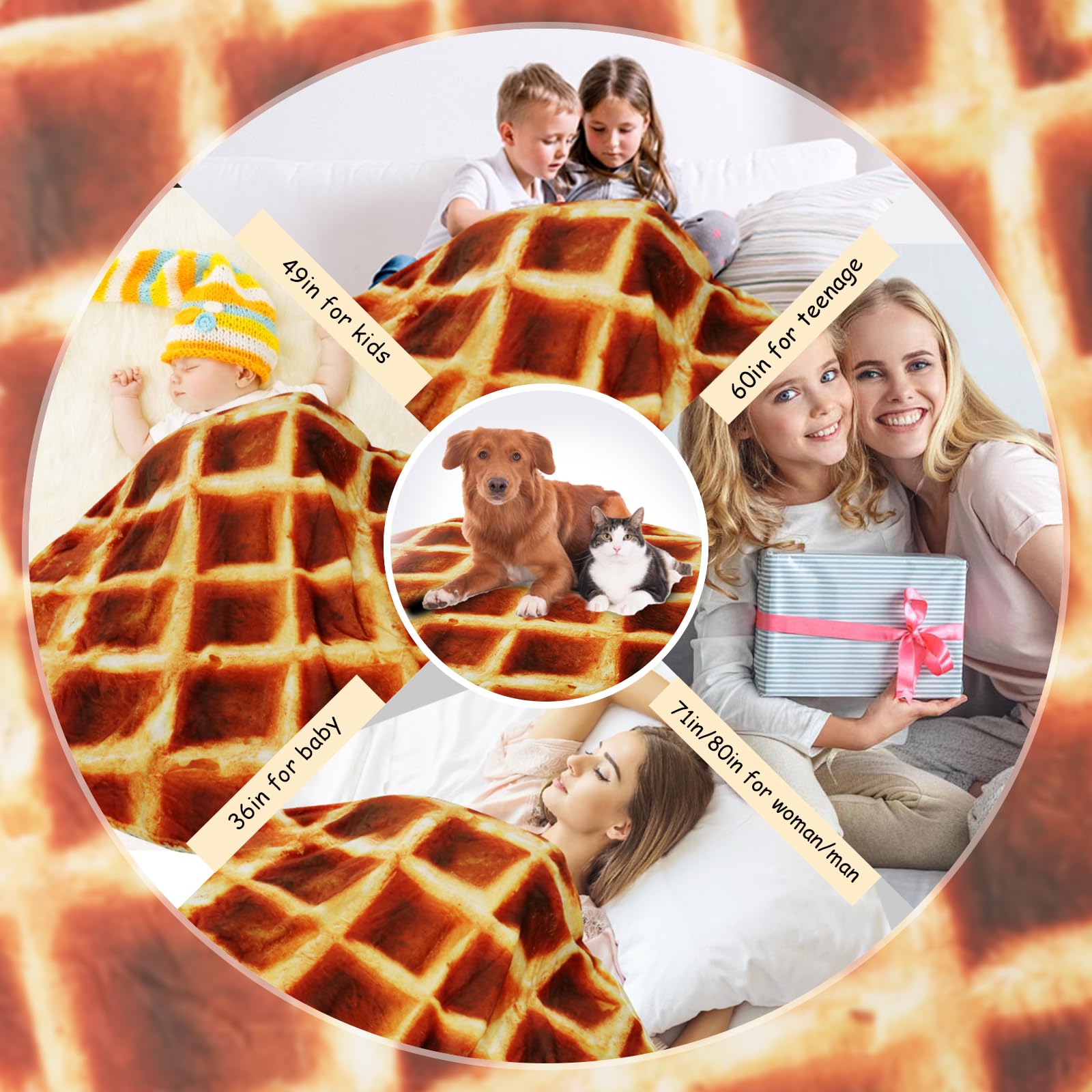 60 Inch Round Waffle Blanket for Teens & Kids - Soft Flannel Funny Food Themed Throw Blanket - Warm Cozy Gift for Bed, Office, Travel - Perfect for Sleepovers, Movie Nights & Road Trips