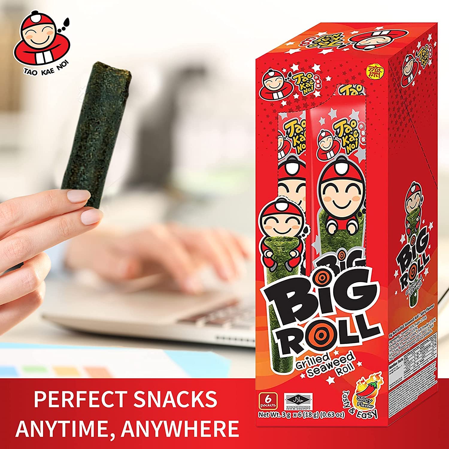 Tao Kae Noi Big Roll Grilled Seaweed Snacks - Spicy Flavor, Healthy Nori Sheet Rolls for Kids & Adults, 6 Pack (3g Bags) | Perfect for Lunchboxes, Office Snacks & Keto Diet