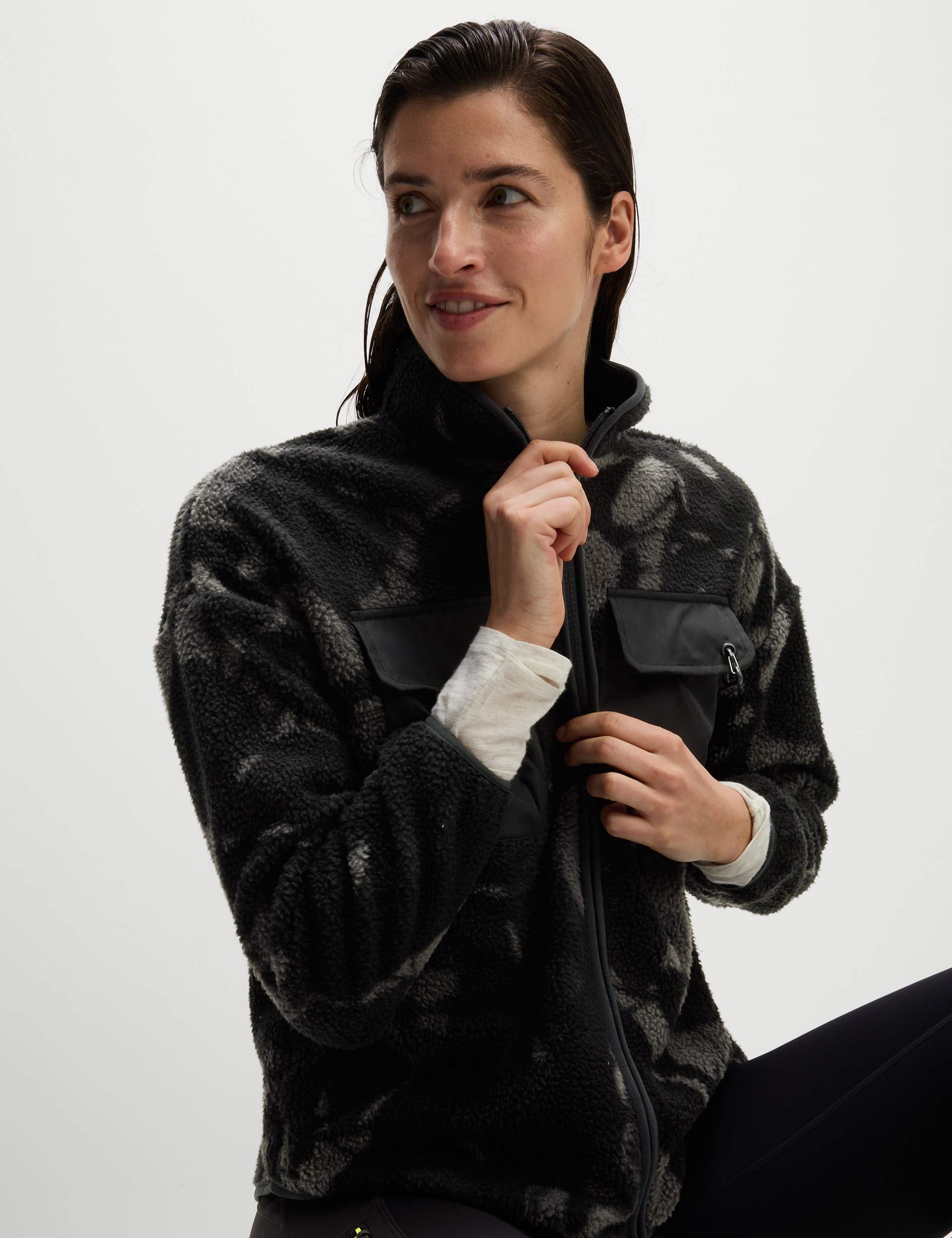 Borg Printed Funnel Neck Zip Up Fleece Jacket - Medium Grey Mix | Warm Winter Pullover for Men & Women | Perfect for Hiking, Camping & Outdoor Activities