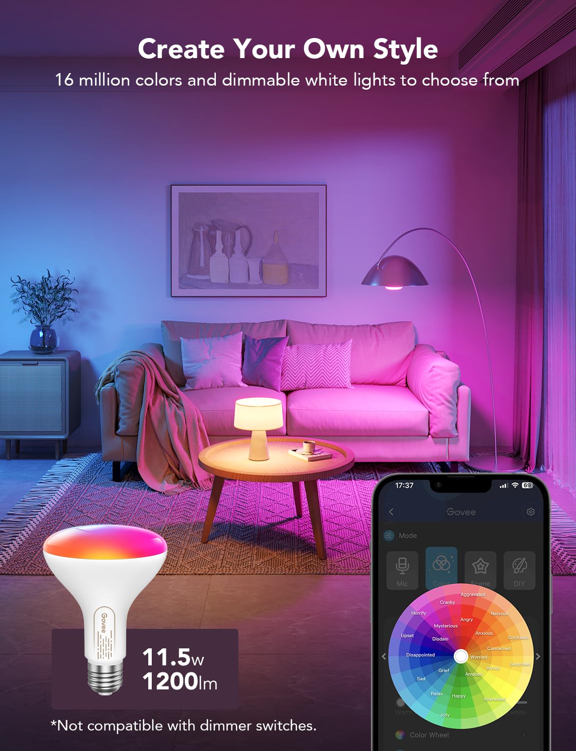 Govee Smart LED Light Bulbs 6 Pack - 1200 Lumens Dimmable BR30 RGBWW WiFi/Bluetooth Color Changing Bulbs with 16 Million Colors, Music Sync, Works with Alexa & Google Assistant - Perfect for Home Theater, Gaming Room & Party Lighting