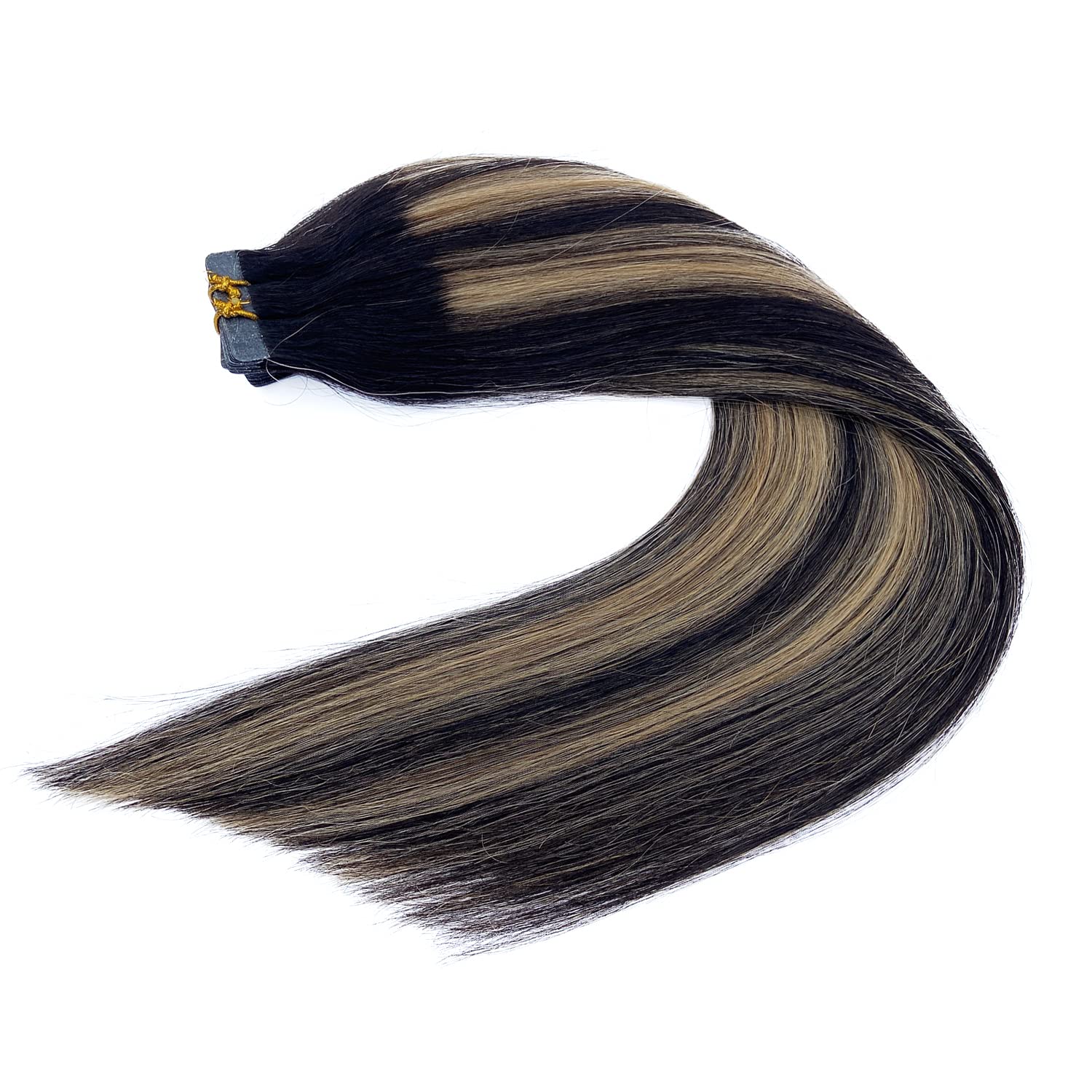 20pcs Tape in Hair Extensions Human Hair - Double Sided Invisible Real Hair Extensions, Ombre Black to Caramel Blonde Highlights, Remy Hair 20 Inch 50G Skin Weft - Perfect for Parties, Weddings & Daily Styling