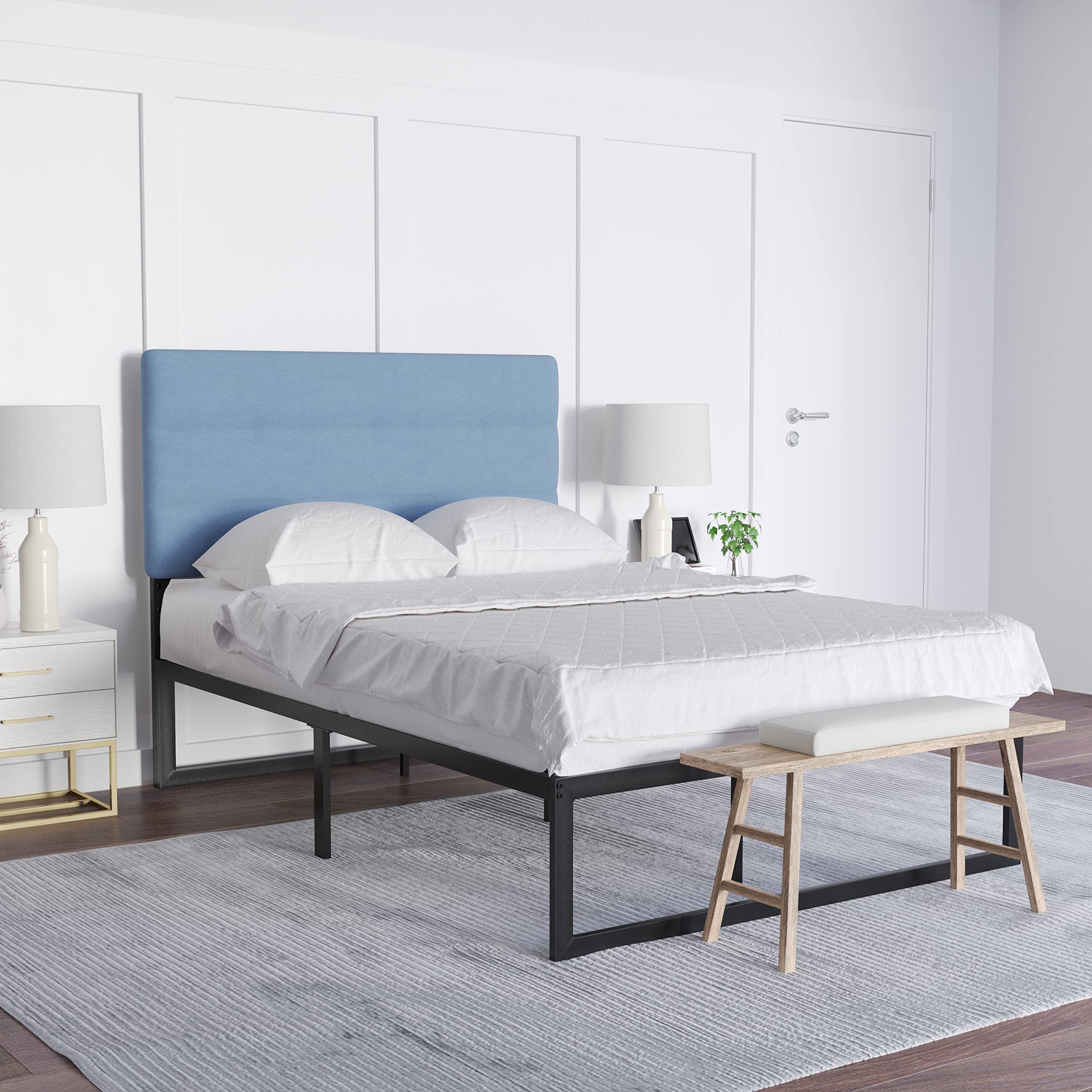 EMMA + OLIVER Gannon Full Size Upholstered Headboard - Blue Fabric, Adjustable Height, Easy 30-Min Assembly - Fits Most Bed Frames (Not Included) - Perfect for Bedroom Makeover & Guest Room Decor