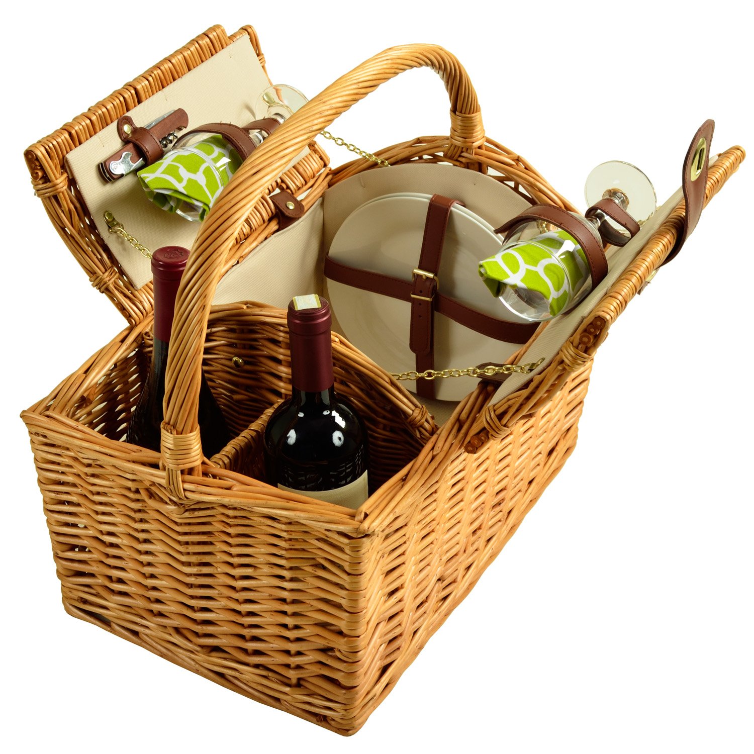 Picnic at Ascot Vineyard Willow Picnic Basket - Natural/Trellis Green - Perfect for Outdoor Gatherings, Wine Tastings & Romantic Dates
