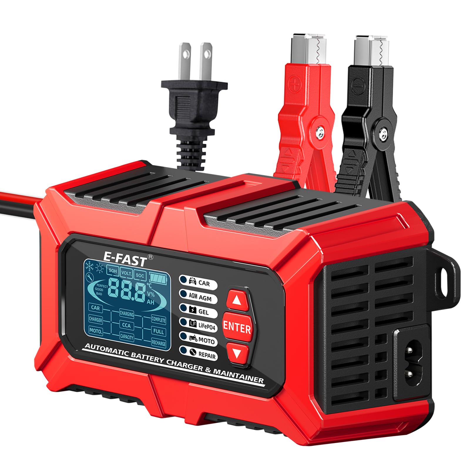 E-FAST 3-in-1 12V 6A Car Battery Charger, Battery Tester & Maintainer with Pulse Repair - Digital Auto Battery Analyzer for LiFePO4/Lead Acid Batteries (40-999 CCA) - Perfect for Automotive, RV, Boat & Motorcycle Battery Maintenance