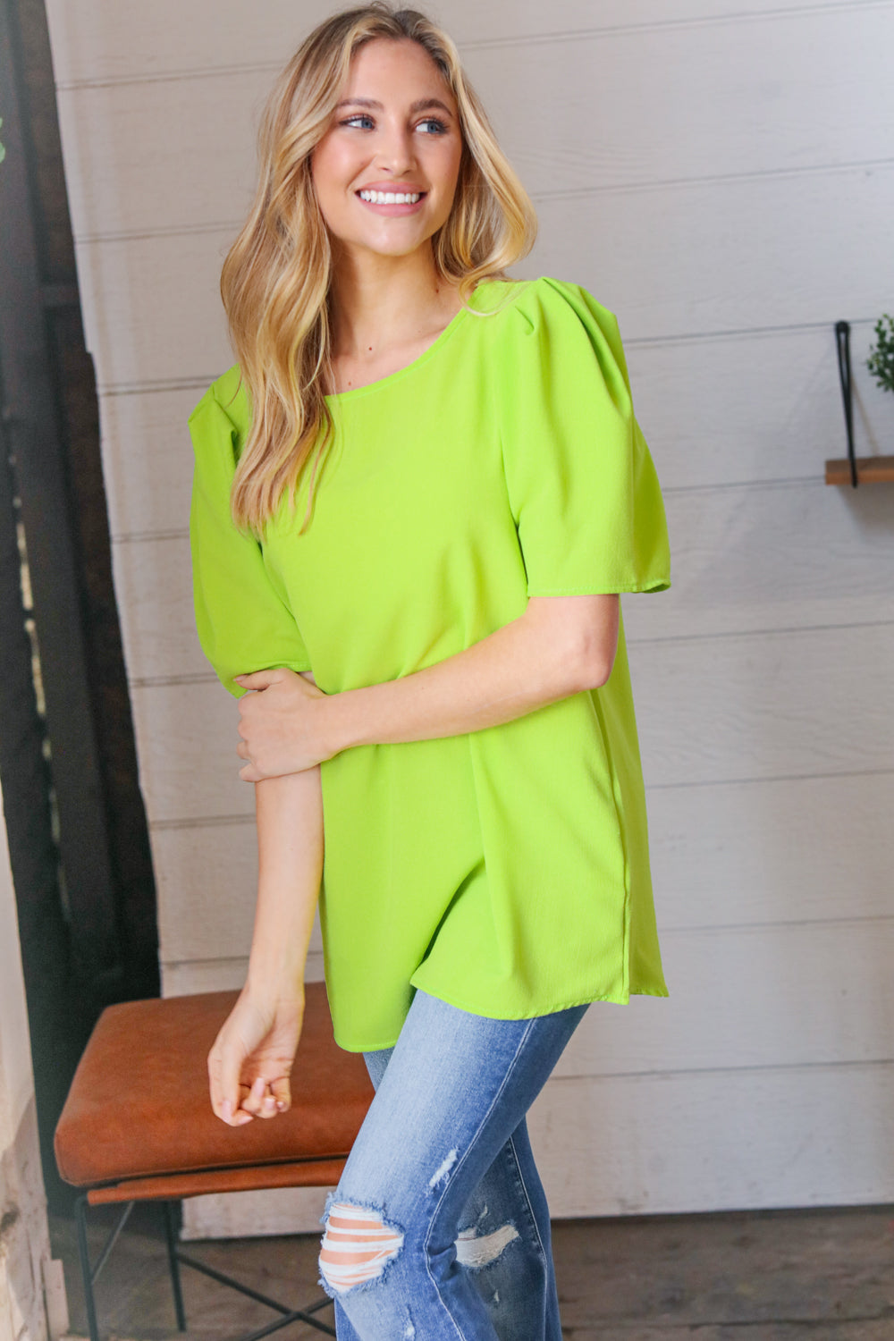 Stylish Neon Green Round Neck Puff Sleeve Crepe Blouse for Women | Trendy Casual & Party Wear | Perfect for Date Nights, Office Outfits & Summer Fashion