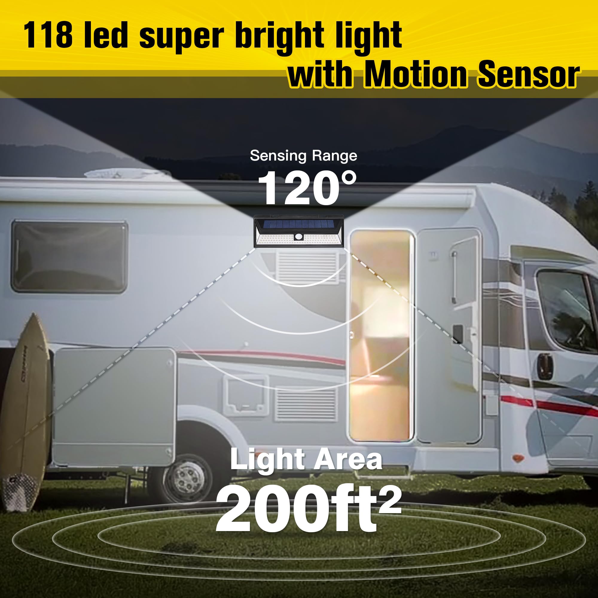 Solar RV Porch Light with 270° Wide Angle & 3 Modes - 118 LED Motion Sensor Outdoor Light Fixture with Remote Control - Waterproof Camper Exterior Lighting for Motorhome, Travel Trailers & Camping Essentials (Perfect for Nighttime Safety & Outdoor Adventures)