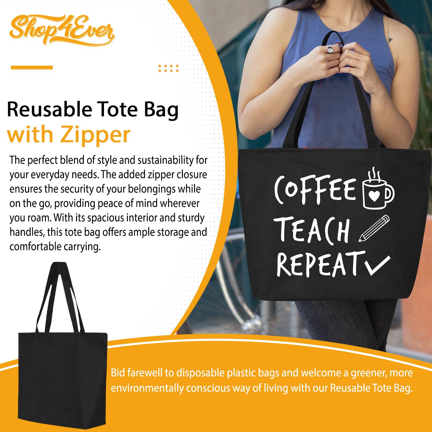 Shop4Ever Coffee Teach Repeat Teacher Appreciation Gift - Heavy Duty Zippered Canvas Tote Bag, Reusable Grocery Shopping Tote for Educators - Perfect for School, Work, and Everyday Use