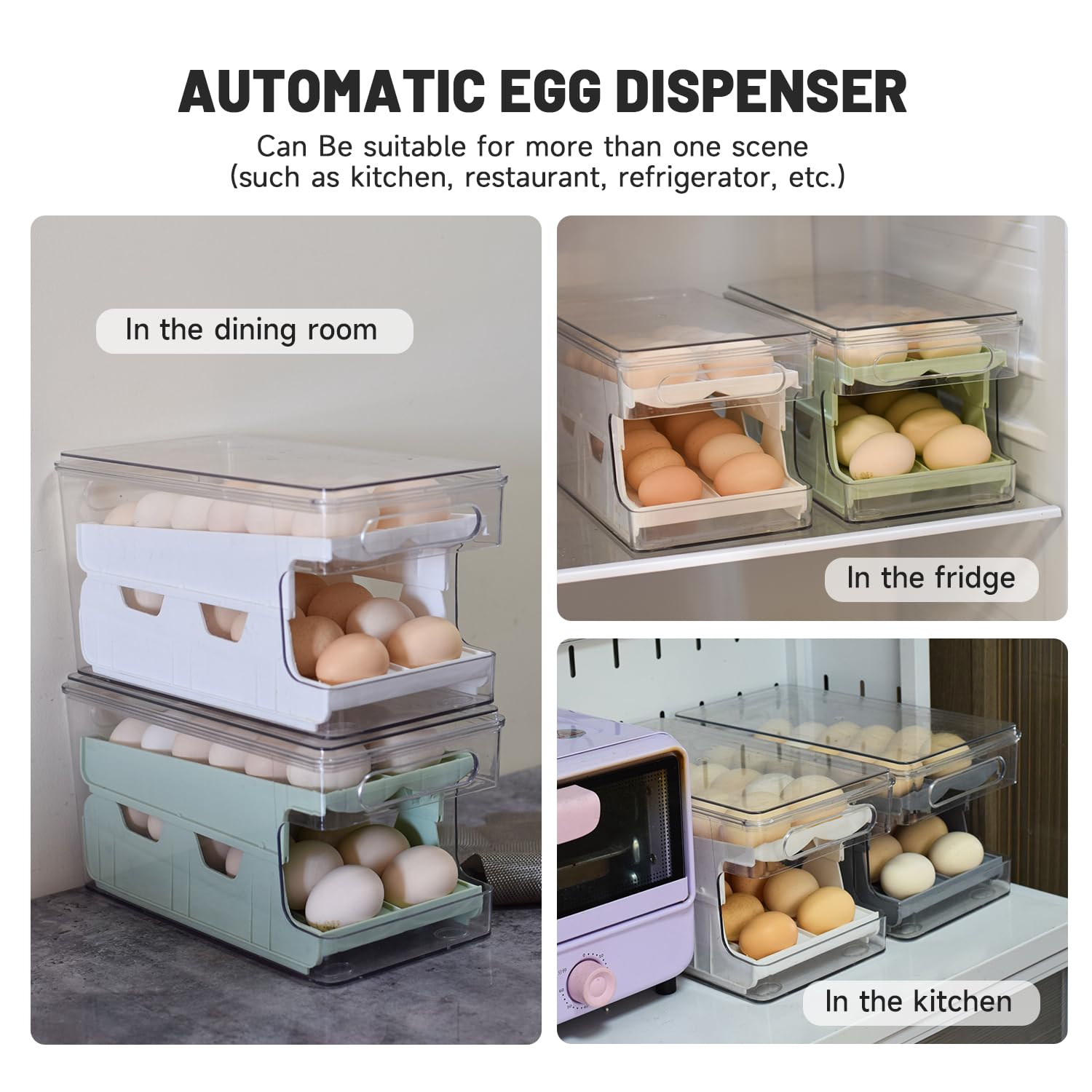 24-Count Automatic Rolling Egg Dispenser for Refrigerator - White Fridge Egg Storage Container Organizer | Perfect for Kitchen Pantry Organization & Fresh Egg Rotation System