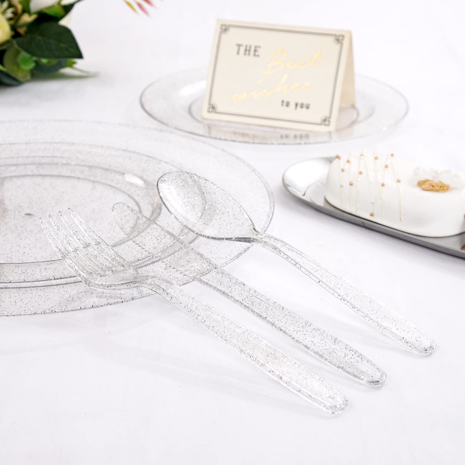 Premium WDF 360-Piece Silver Plastic Cutlery Set - Disposable Glitter Silverware Kit (120 Forks, 120 Spoons, 120 Knives) for Parties, Weddings, Events & Catering