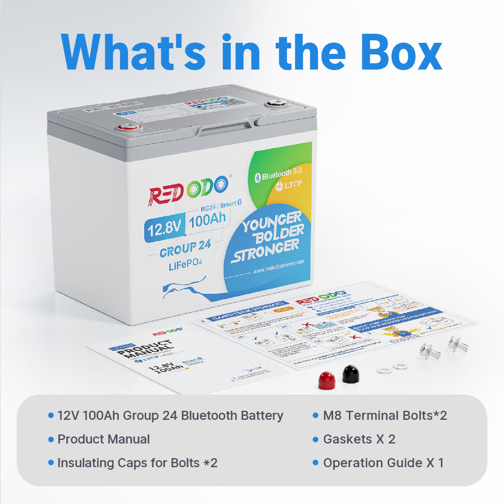Redodo 12V 100Ah LiFePO4 Lithium Battery with Bluetooth Monitoring | Group 24 Deep Cycle Battery for RV, Marine, Solar Power | Perfect for Off-Grid Living & Backup Power Solutions