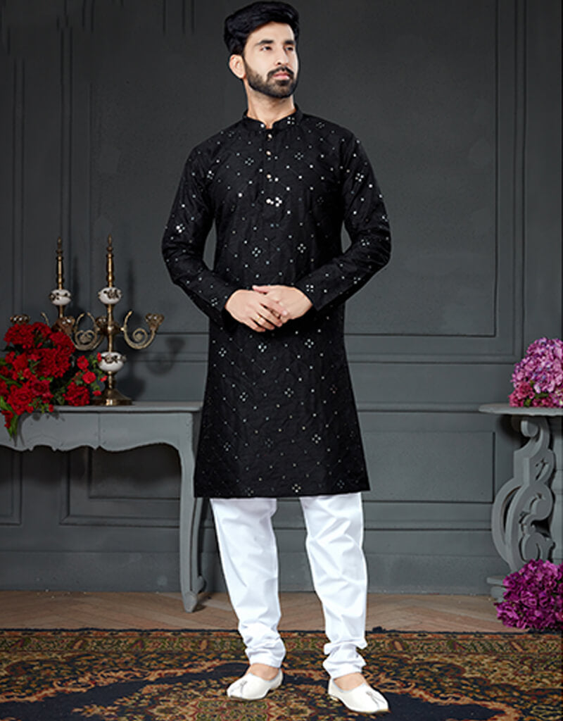 Black Cotton Art Silk Kurta with Mirror Work & Chudidar Set - Elegant Indian Ethnic Wear for Festivals, Weddings & Special Occasions
