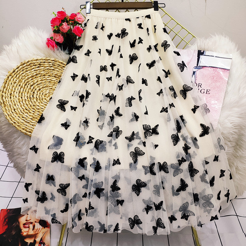 Butterfly Print Mesh High Waist Midi Skirt - Flowy Long Skirt for Women - Perfect for Summer Outfits, Beach Vacations & Boho Fashion