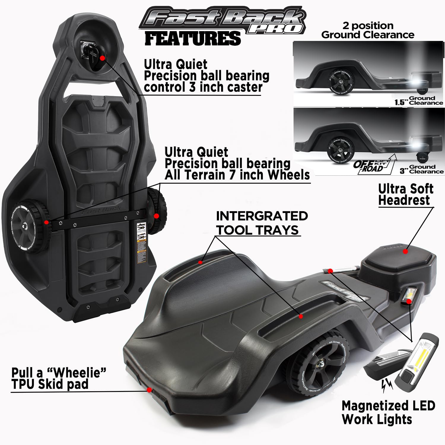 Fastback PRO Heavy Duty Ergonomic Automotive Creeper - 3-Wheel All-Terrain HDPE Design with Adjustable Height & 2 LED Work Lights - Perfect for Mechanics, DIY Garage Repairs & Outdoor Vehicle Maintenance (Wall Hanger Included)