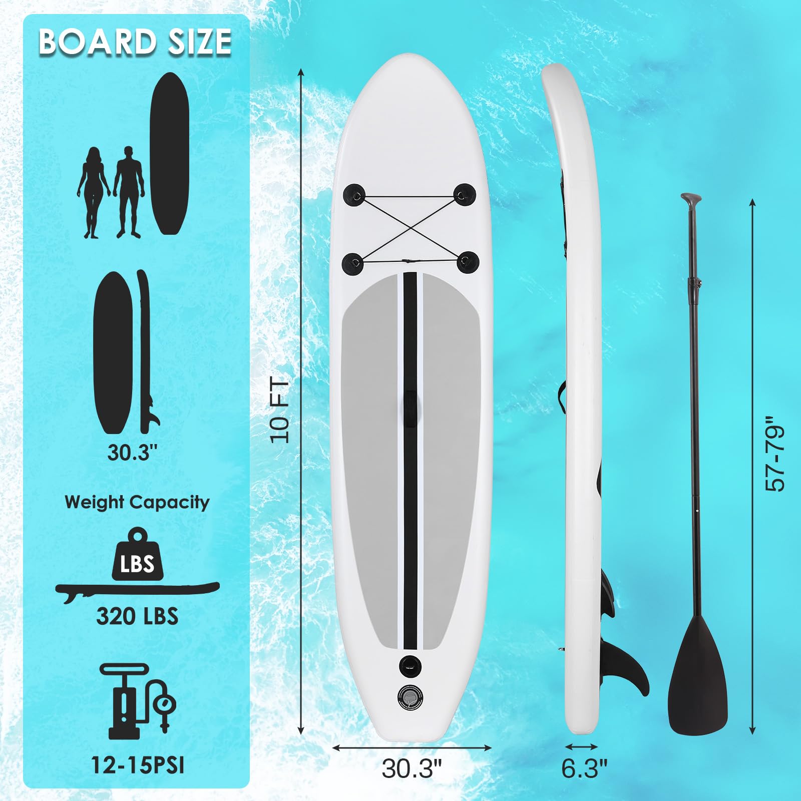 10FT Inflatable Stand Up Paddle Board with SUP Accessories - Lightweight & Portable for Adults & Kids | Includes Carry Bag, Paddle, Hand Pump, Non-Slip Deck, Repair Kit & Leash (White) | Perfect for Yoga, Fishing & Ocean/Lake Adventures