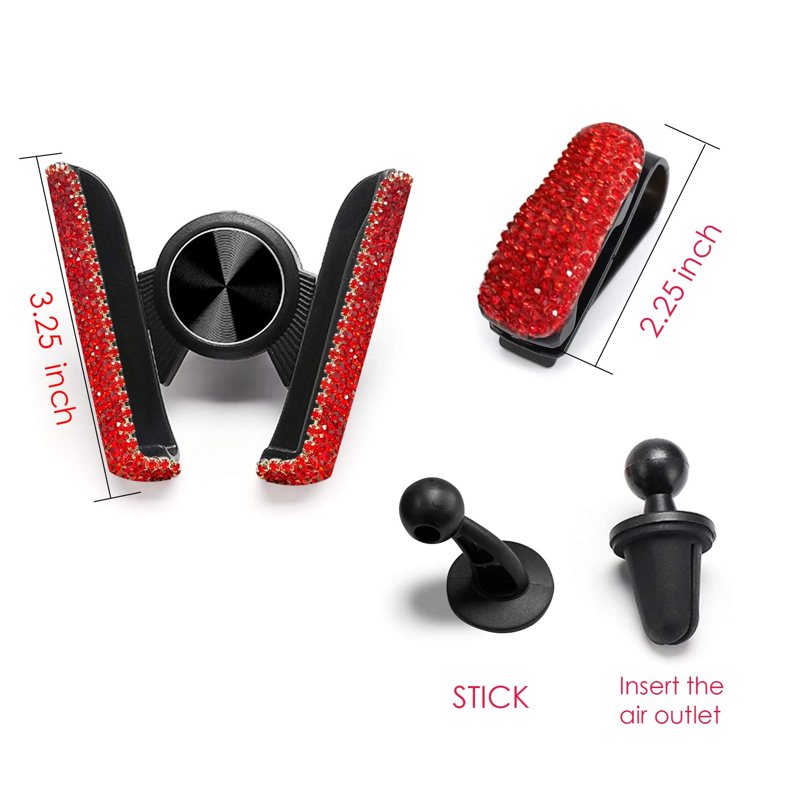 **Bling Crystal Car Phone Mount Holder - Universal Dashboard, Windshield & Air Vent Phone Stand with Free Glasses Clip - Stylish Car Accessories for Women (Red) - Perfect for Hands-Free Driving & Road Trips**