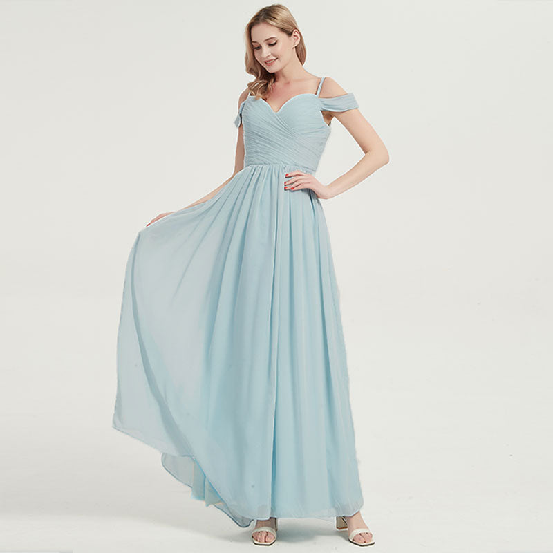Elegant Blush Cold Shoulder Spaghetti Straps Pleated Chiffon Bridesmaid Dress - Perfect for Weddings, Prom, Formal Events & Special Occasions