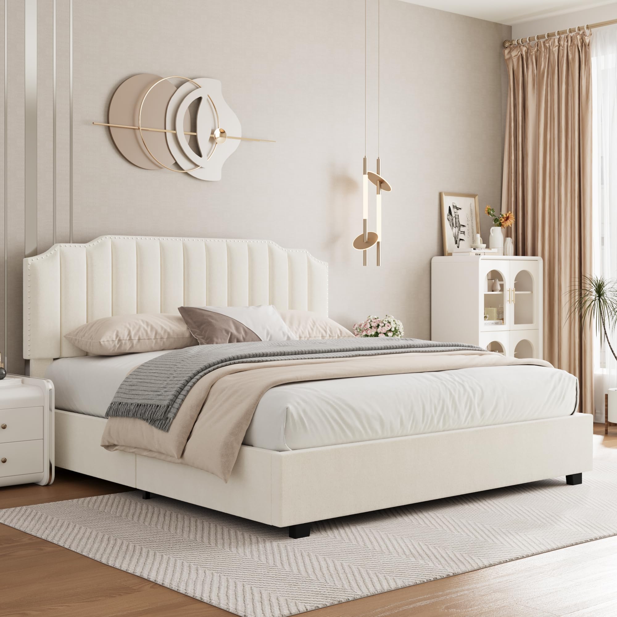 Harper & Bright Designs Queen Size Platform Bed with Lift-Up Storage - Velvet Upholstered Bed Frame with Headboard & Wood Slats | Noise-Free Bedroom Furniture (Beige) | Perfect for Small Spaces & Guest Rooms