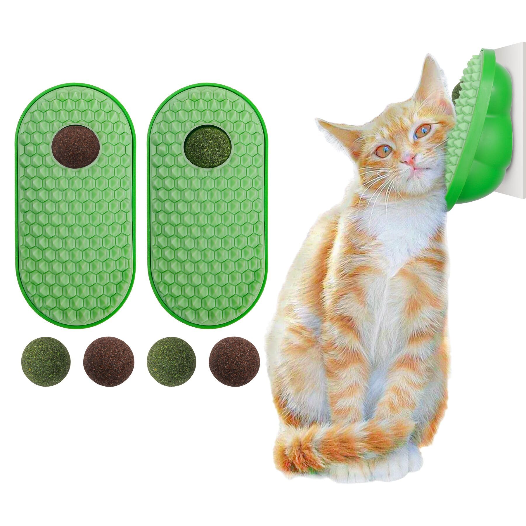 SEVENKA 2 Pack Cat Grooming Brush with 3 Catnip Balls & 3 Fruit Balls - Self-Cleaning Cat Scratcher Toy for Indoor Kittens - Wall Mounted Chew Toy for Stress Relief & Playtime - Perfect for Home, Office or Pet Salon Use