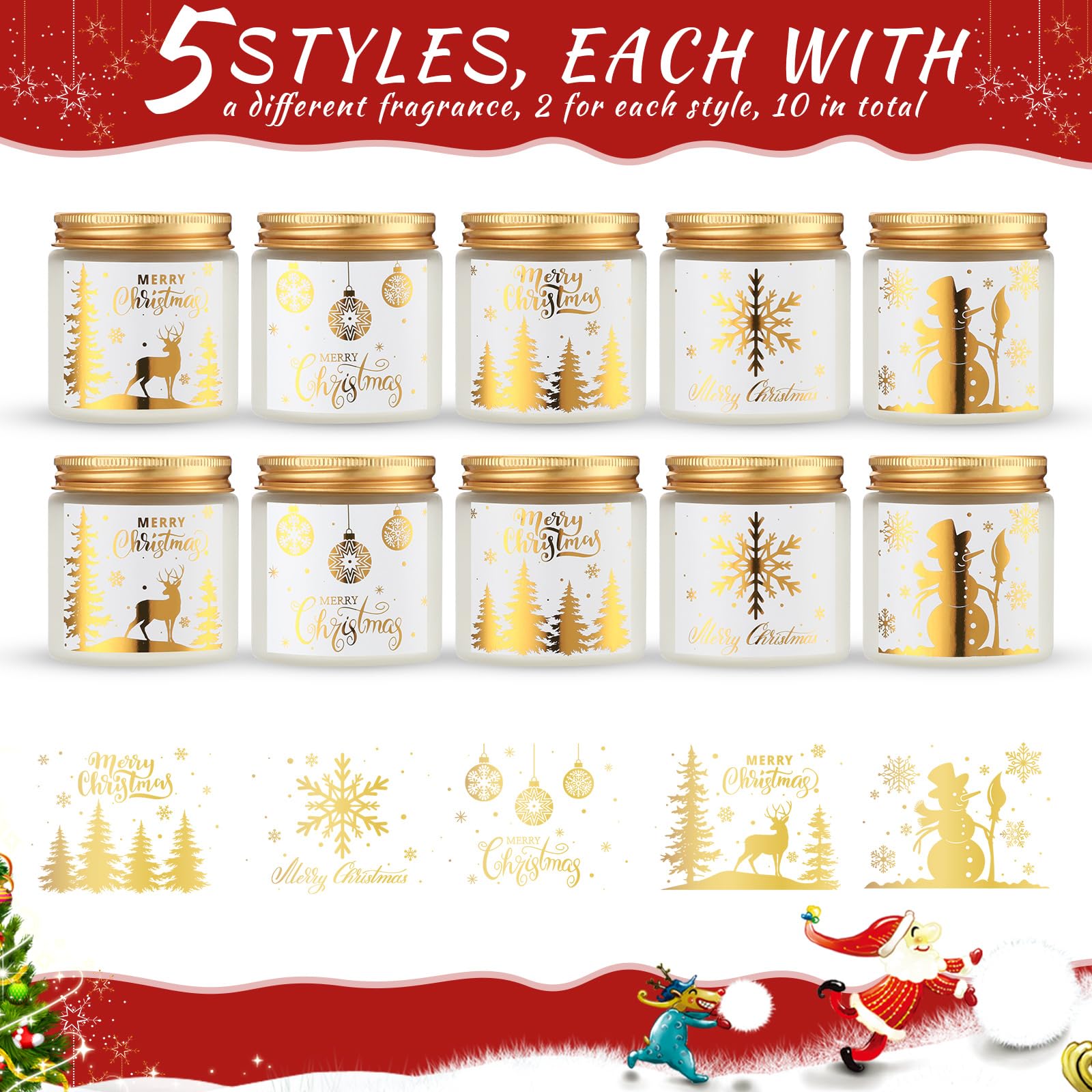 MTLEE 10-Piece Christmas Candle Gift Set - 10 Fragrant Scented Candles for Aromatherapy, Holiday Decor & Festive Gifts for Women (Golden Lid) - Perfect for Home Decor, Relaxation & Christmas Party Ambiance