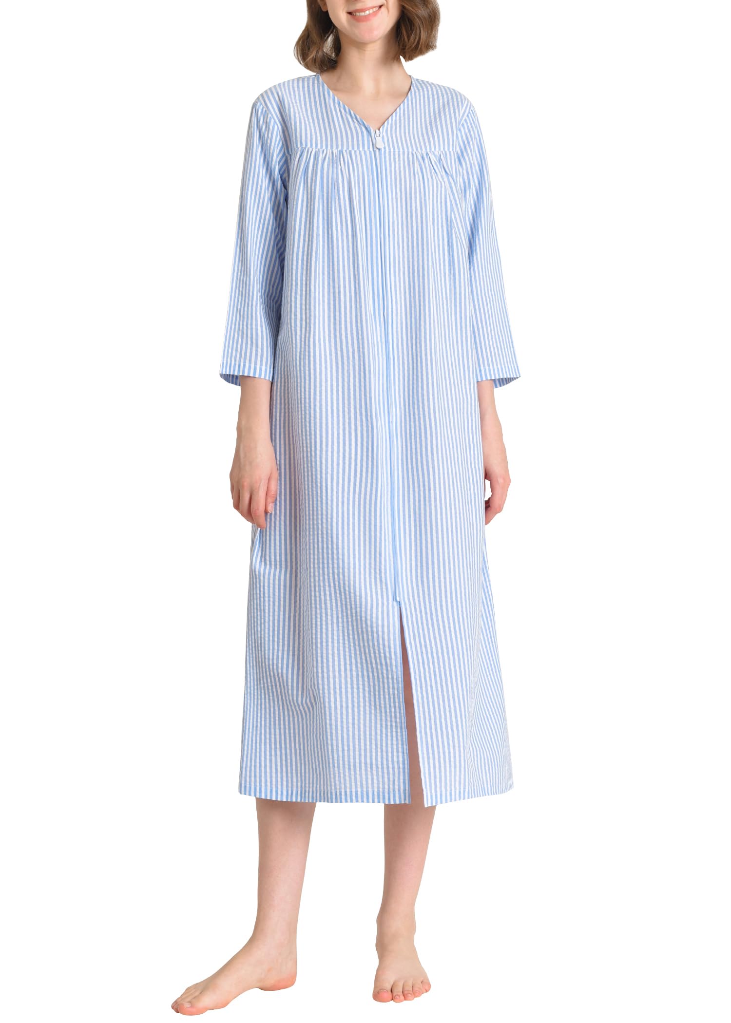 Women's Soft Cotton Zip-Up Robe with 3/4 Sleeves & Pockets - Cozy Housecoat Long Duster for Lounge, Spa Days & Morning Relaxation