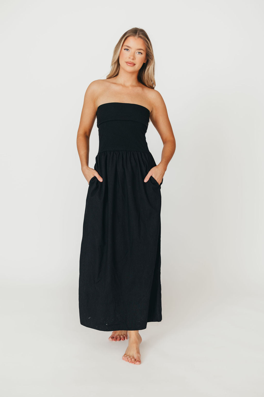 Kaylee Black Linen and Ribbed Knit Maxi Dress - Elegant Long Dress for Summer, Beach, and Casual Outings