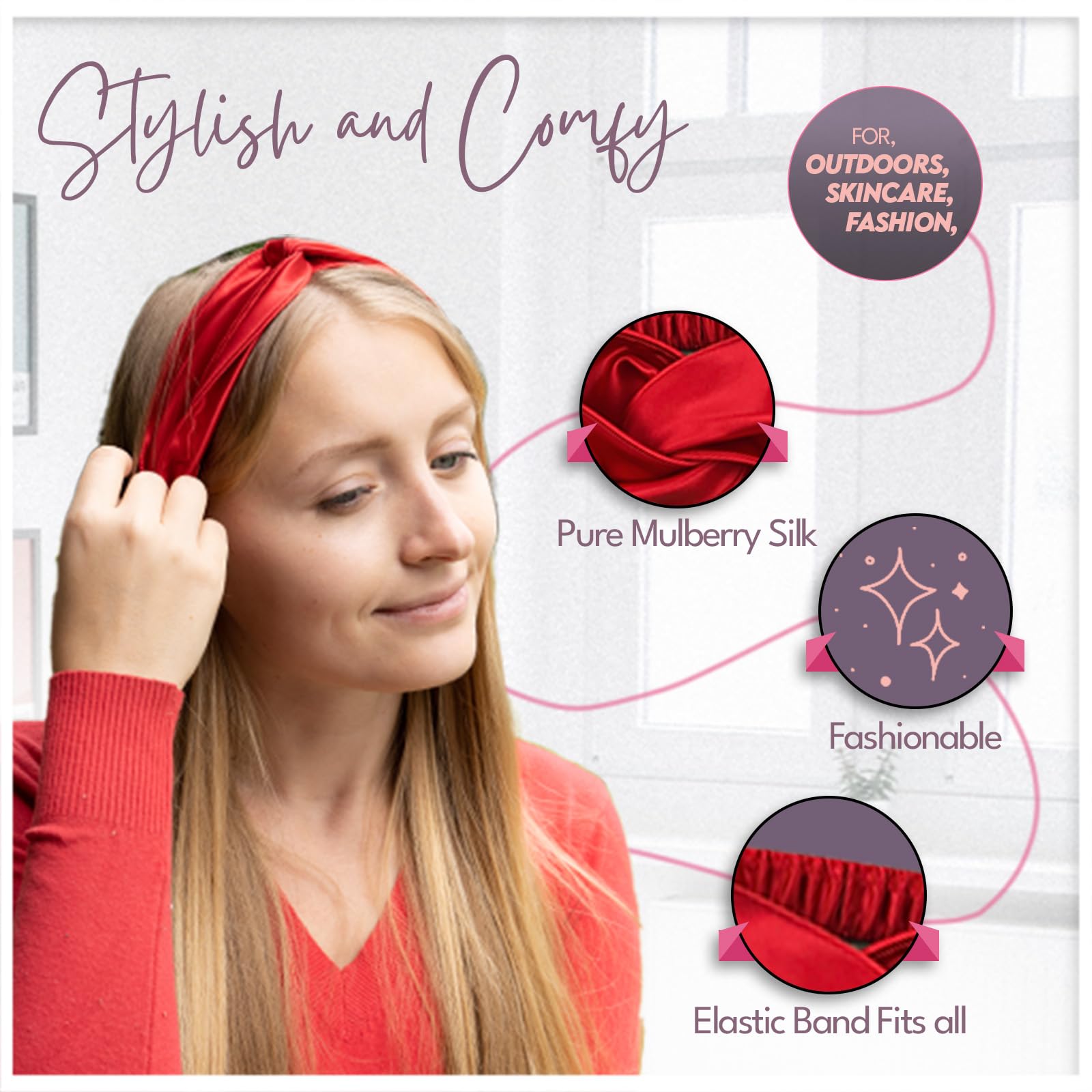 100% Mulberry Silk Elastic Headband for Women - 22 Momme Taupe Twisted Hairband | Protects Hair, Prevents Breakage | Perfect for Thick, Thin, Straight or Curly Hair | Sleep, Yoga, Work & Everyday Use (Red)