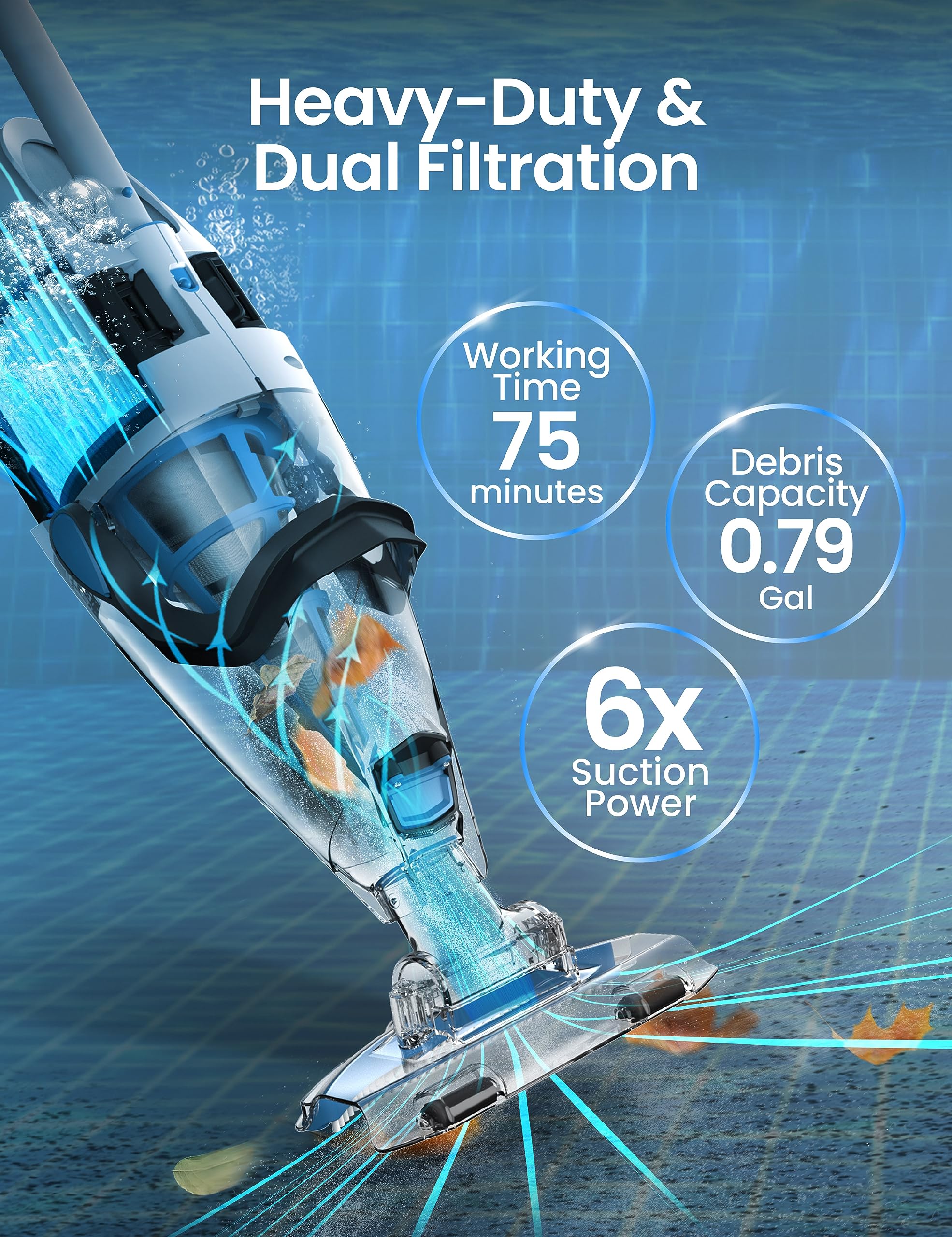 KOKIDO XTROVAC 710 Rechargeable Heavy-Duty Pool Vacuum Cleaner - 6X Suction Power, Dual Filtration System (Standard & Fine) for Fast Cleaning of Inground & Above Ground Pools - Perfect for Weekly Maintenance and Seasonal Deep Cleaning