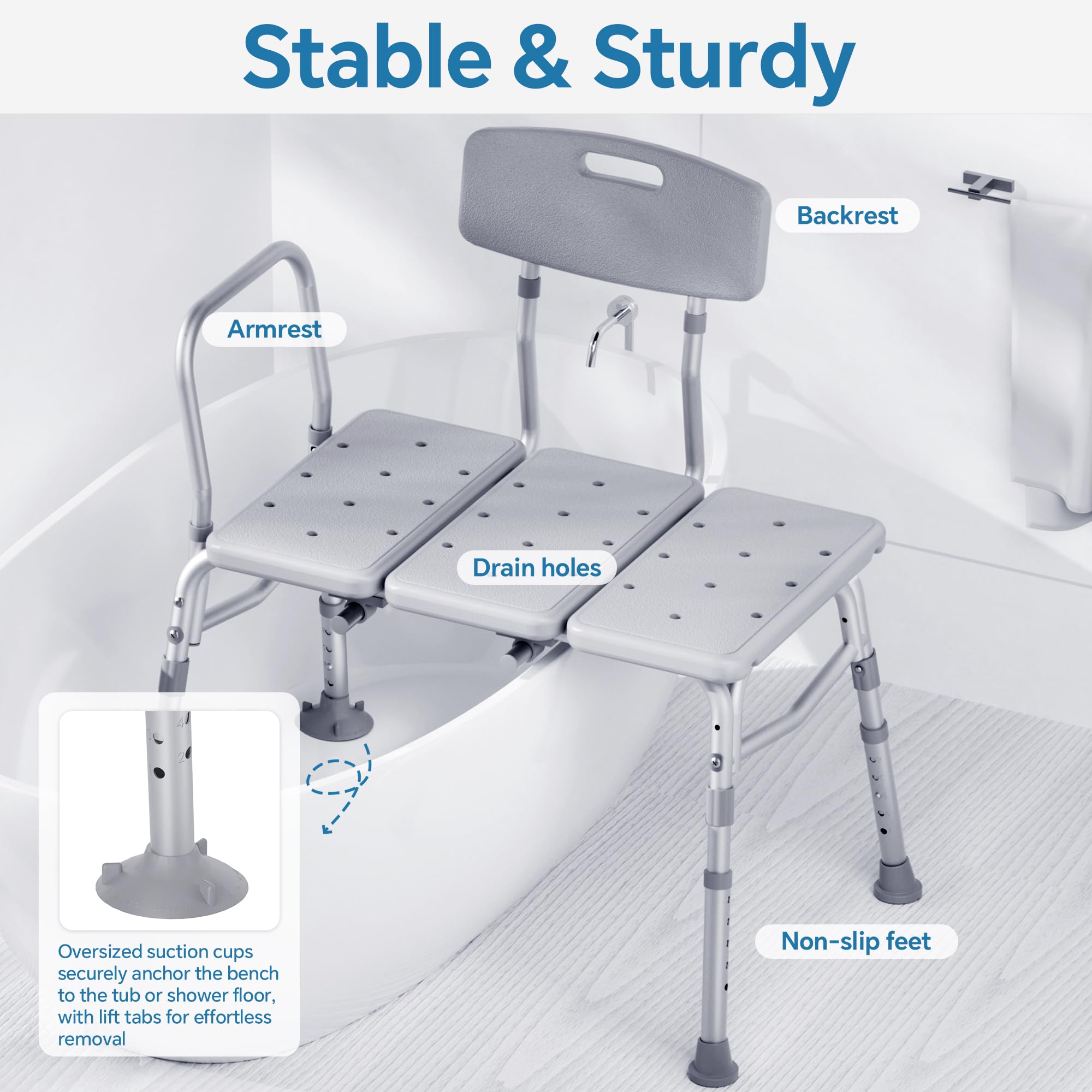 Heavy Duty Shower Chair with Backrest - 400 lbs Capacity, Slip-Resistant Feet & Adjustable Height - FSA/HSA Eligible Bathtub Transfer Bench for Elderly and Disabled - Ideal for Safe Bathing, Mobility Assistance and Accessible Showering