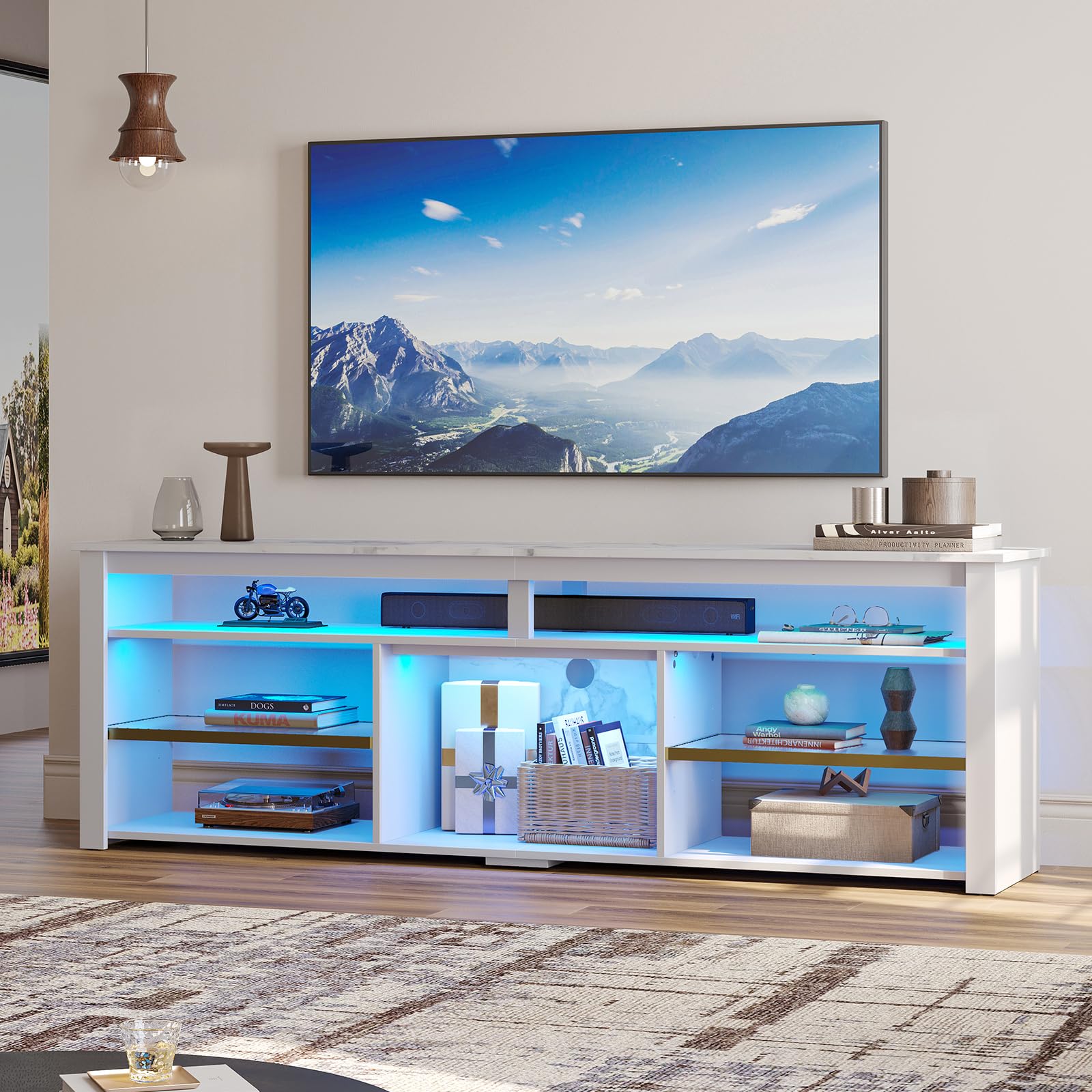 Bestier 75 Inch TV Stand with Adjustable Shelves - Modern Tall LED Entertainment Center & Gaming TV Console for PS5 Storage - White Marble TV Cabinet for Living Room & Bedroom - Perfect for Movie Nights & Gaming Sessions