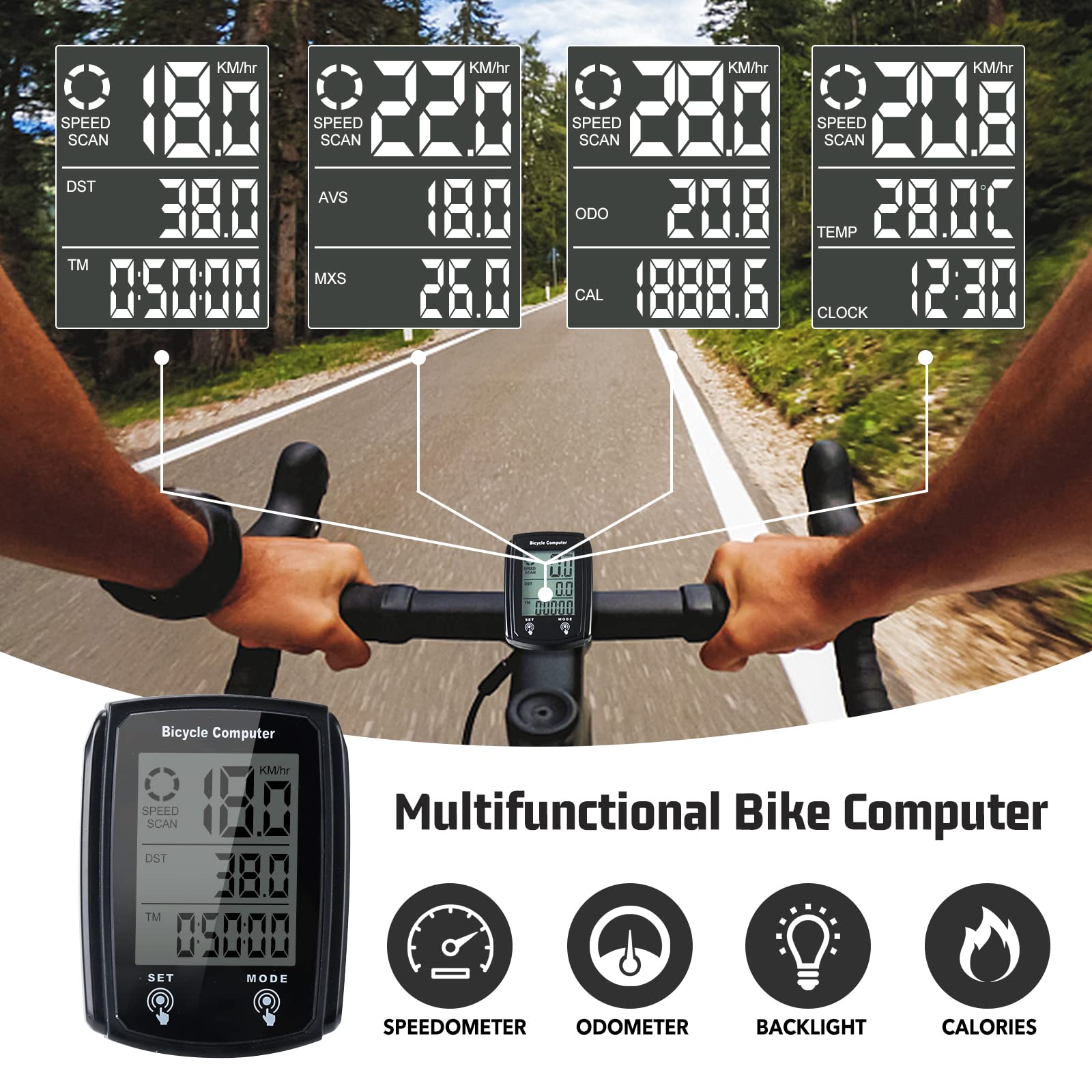 Wireless Bike Computer with LCD Backlight Display - Waterproof Cycling Speedometer & Odometer for Bicycles | MPH/KM/H Switchable | Perfect for Road Biking, Mountain Cycling & Commuting